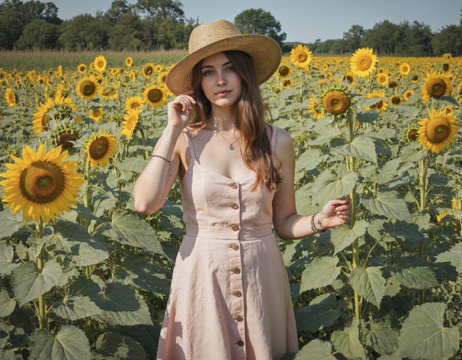 Young Woman Posing in a Vibrant Sunflower Field on a Sunny Day #40819
