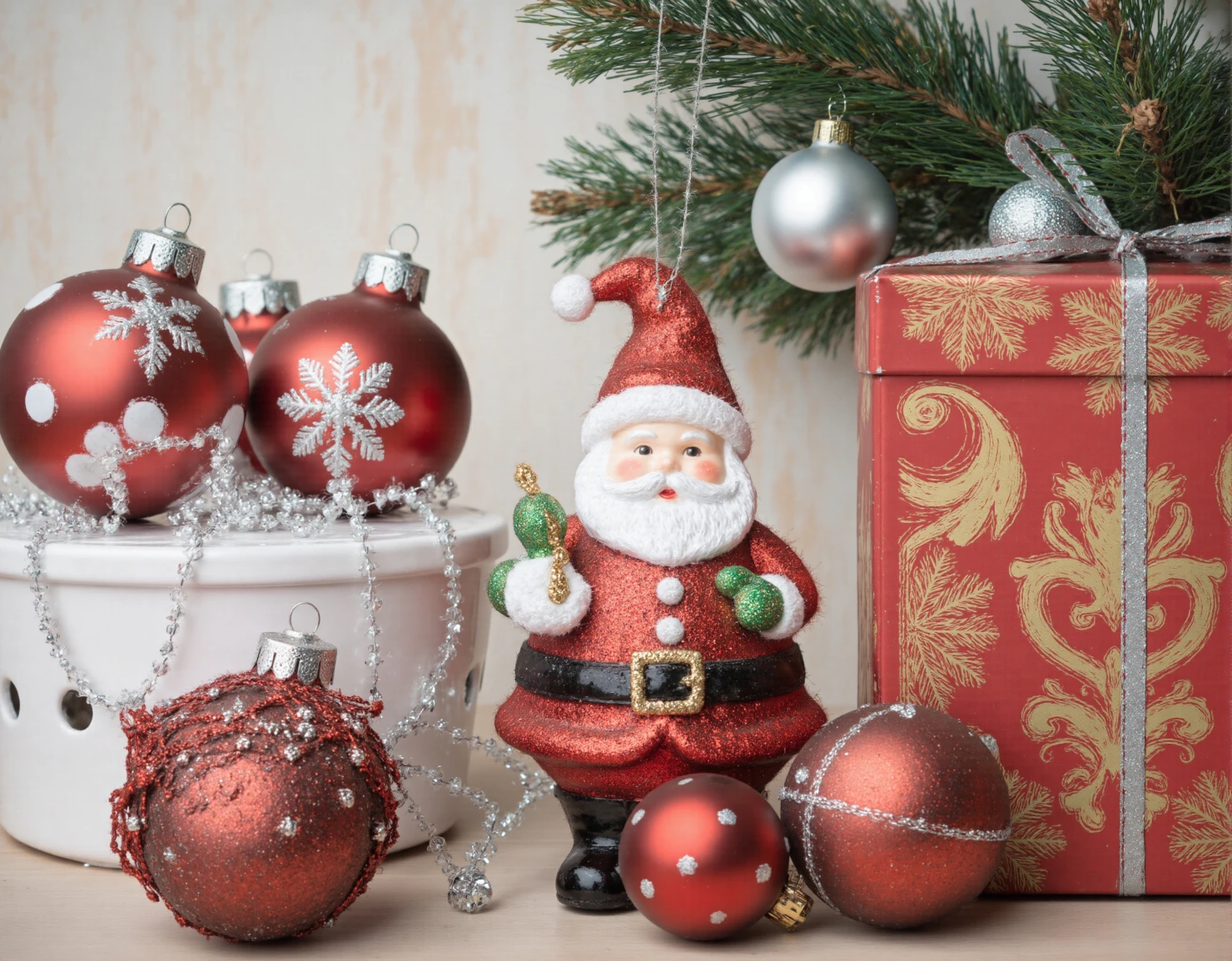 Festive Christmas Decorations with Santa Claus Figurine and Ornaments #40838