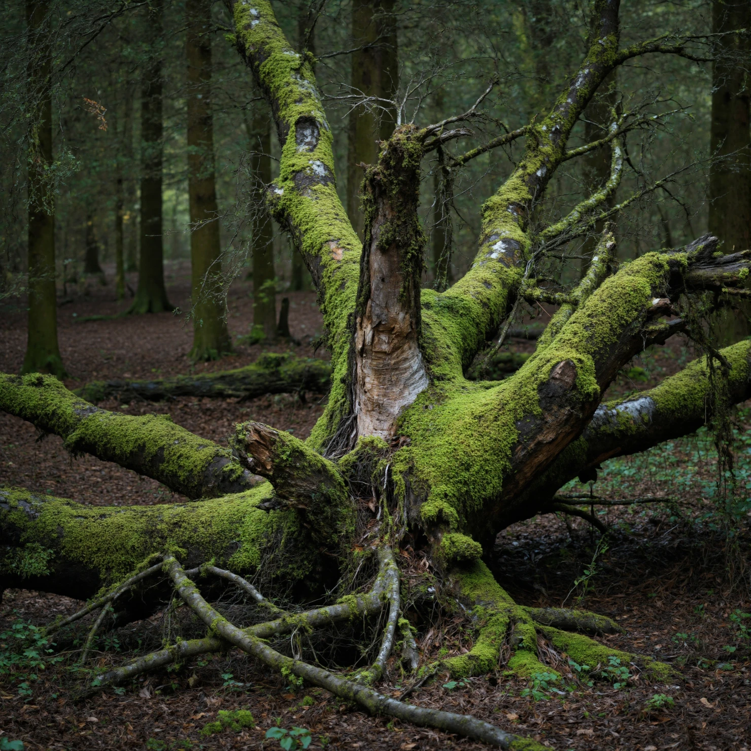 Ancient Fallen Tree Trunk Covered in Vibrant Green Moss in a Dark Forest #40864