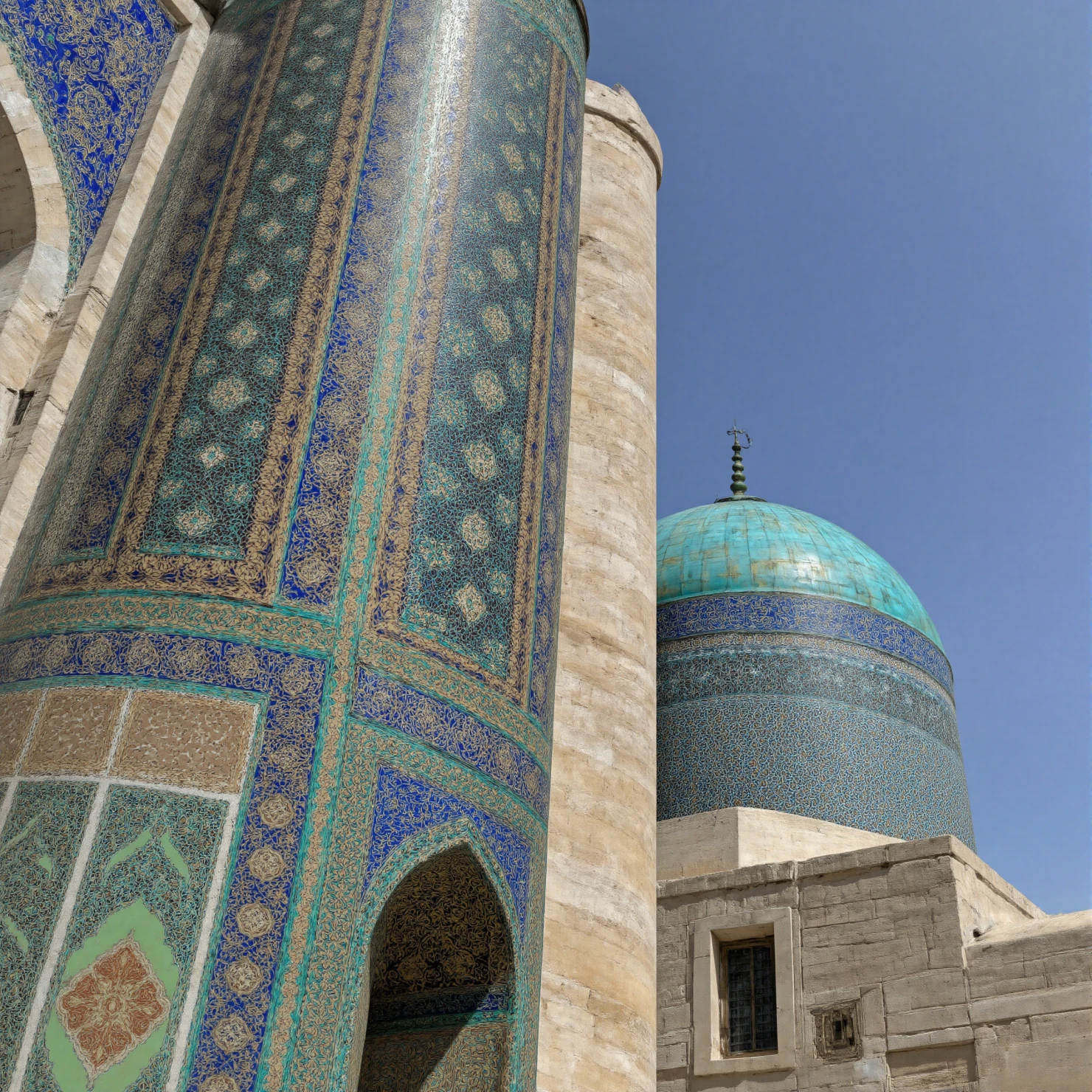 Ornate Tiled Minaret and Turquoise Dome in Central Asia #40870