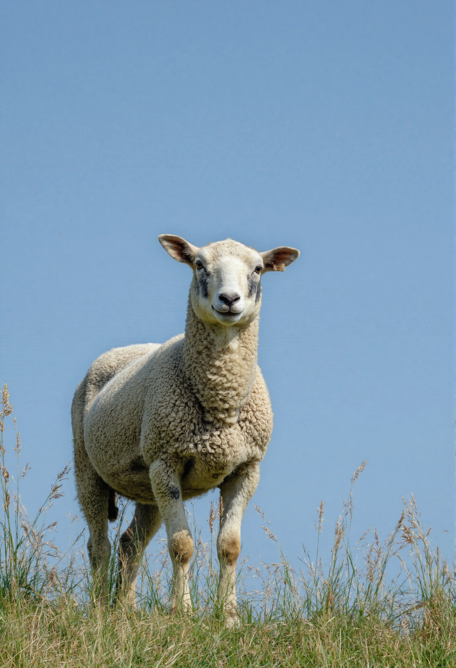 A curious sheep standing on a grassy hill against a blue sky #40873