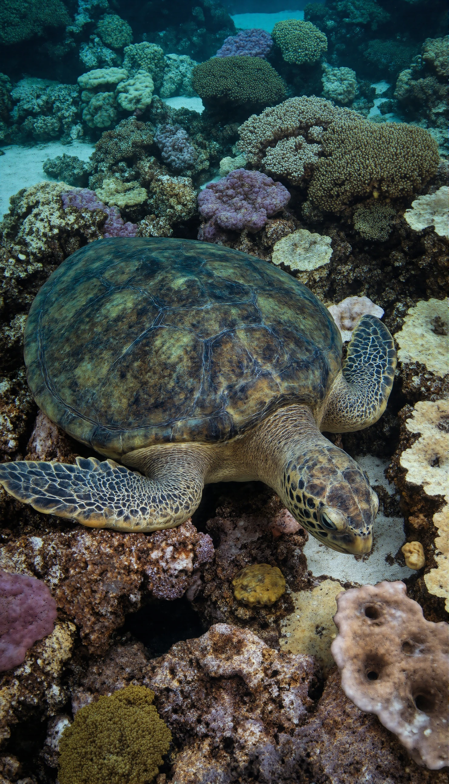 Green Sea Turtle Resting on a Vibrant Coral Reef #40881