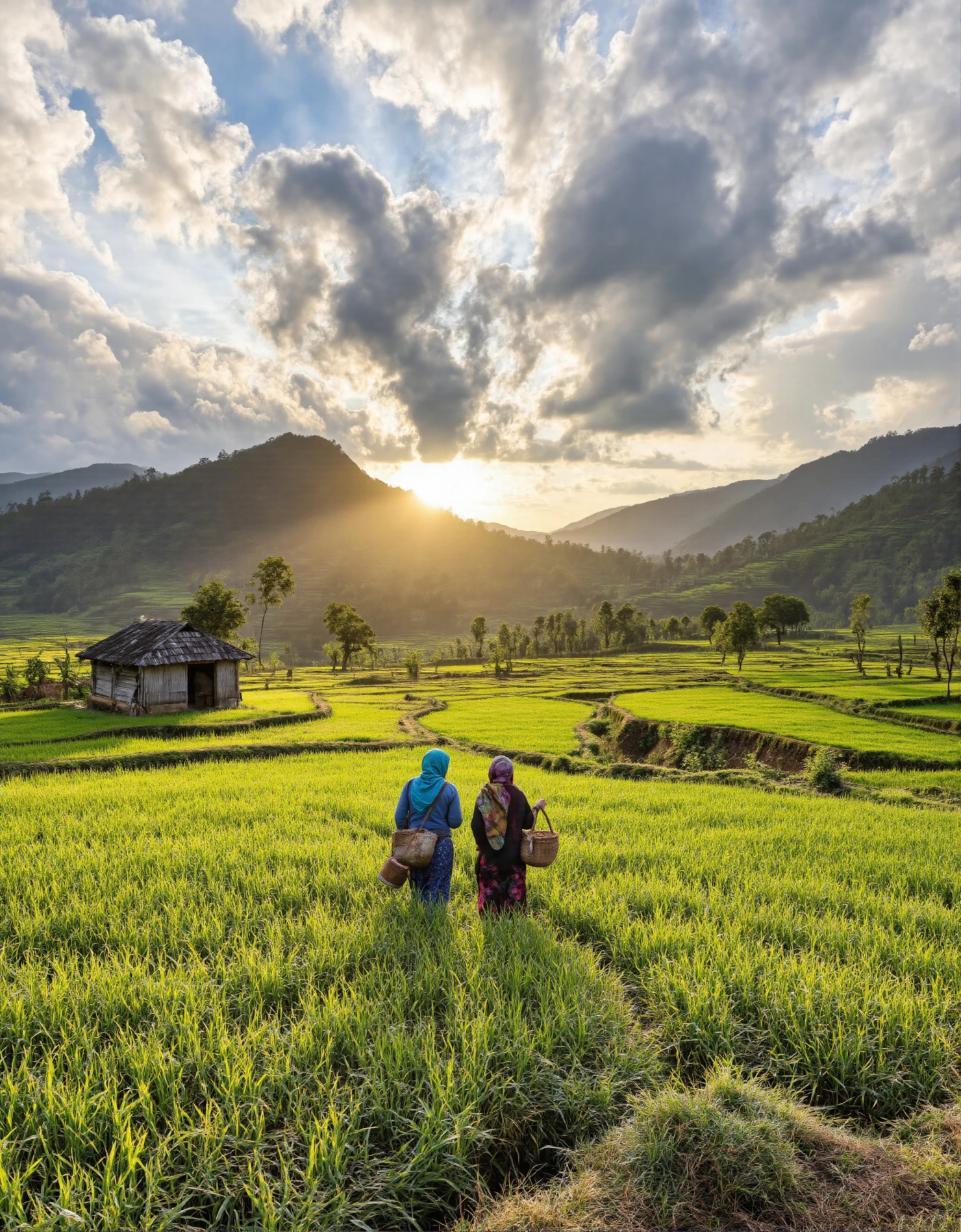Rural Life Women Walking Through Lush Green Fields at Sunset #40883