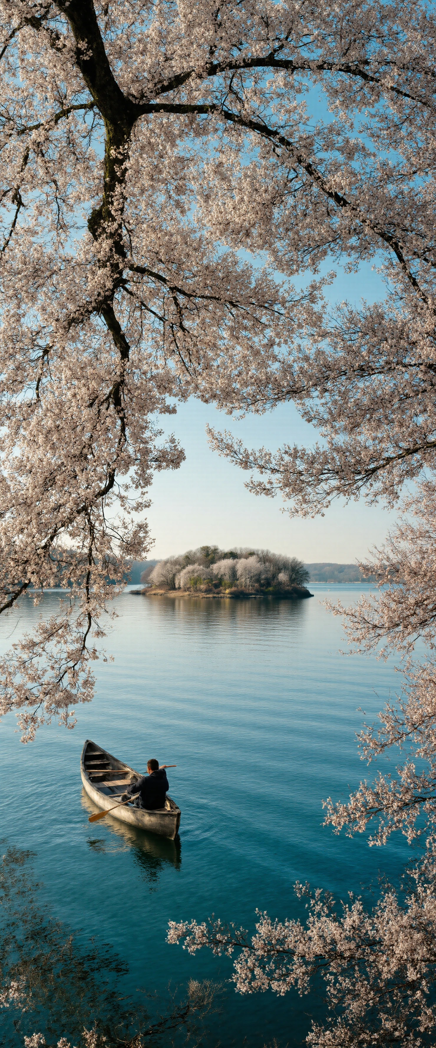 Idyllic Spring Scene Canoe on a Lake Framed by Cherry Blossoms #40884