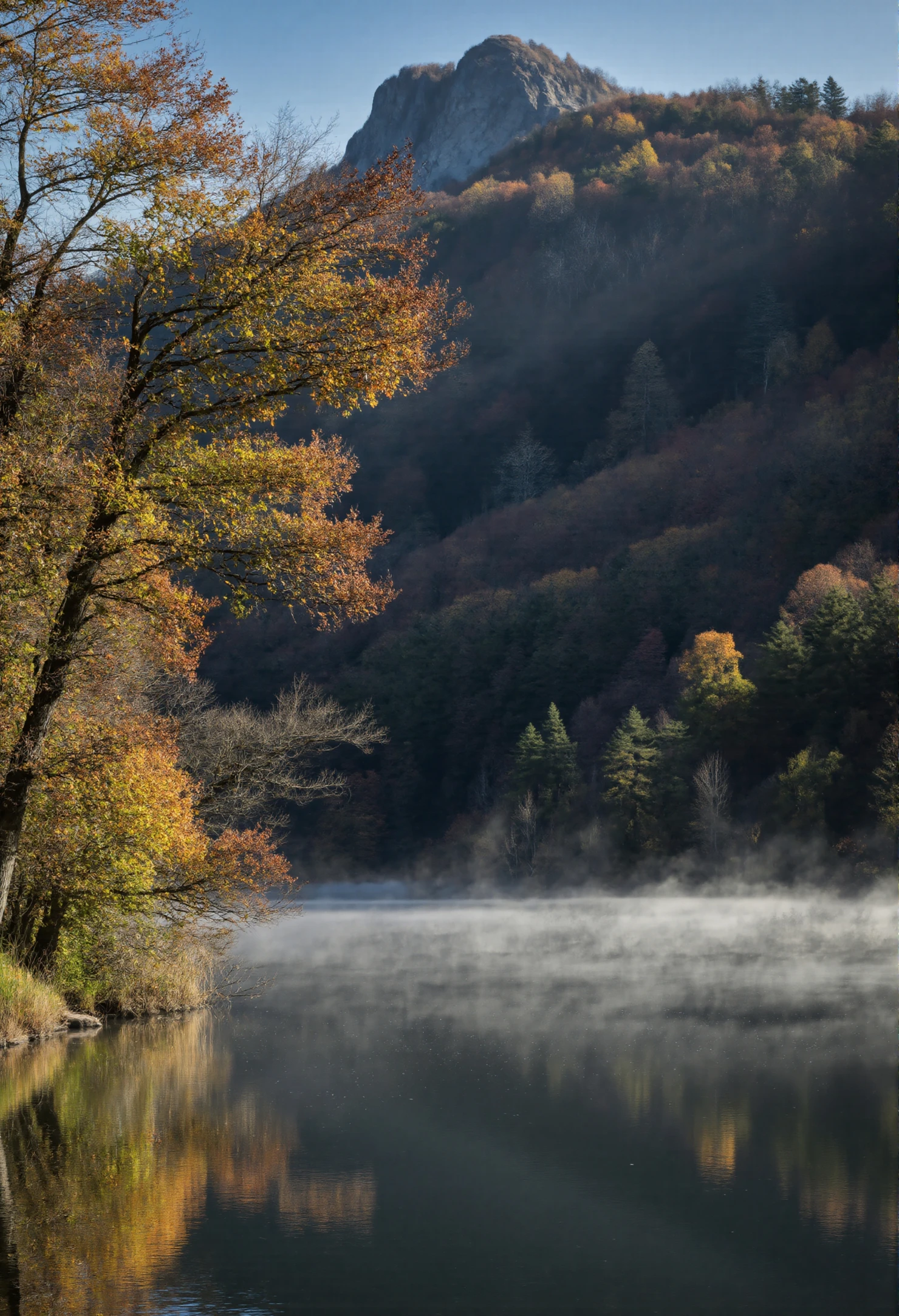 Tranquil Autumn Lake with Morning Mist and Mountain Backdrop #40891