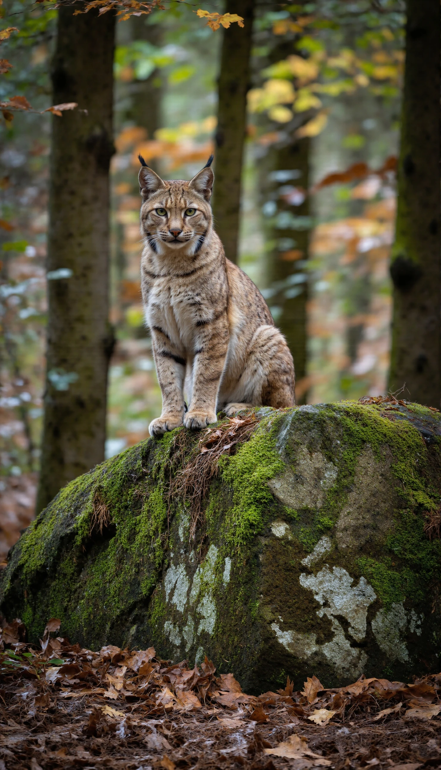 Eurasian Lynx Sitting on a Mossy Rock in an Autumn Forest #40896