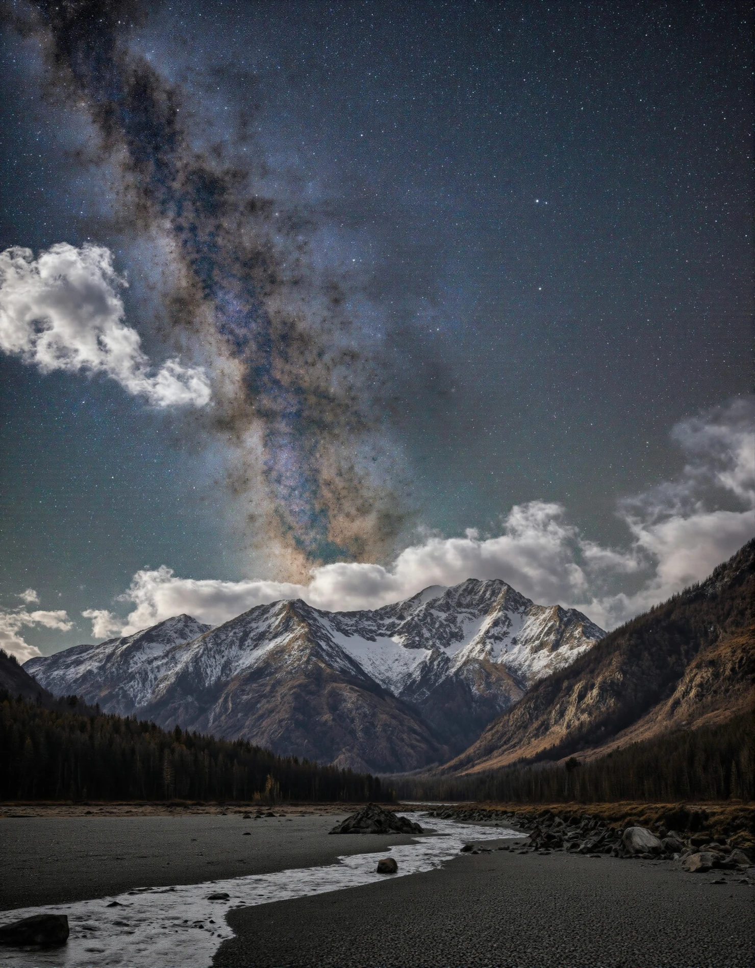 Milky Way Over Majestic Snow-Capped Mountains and River Valley #40906