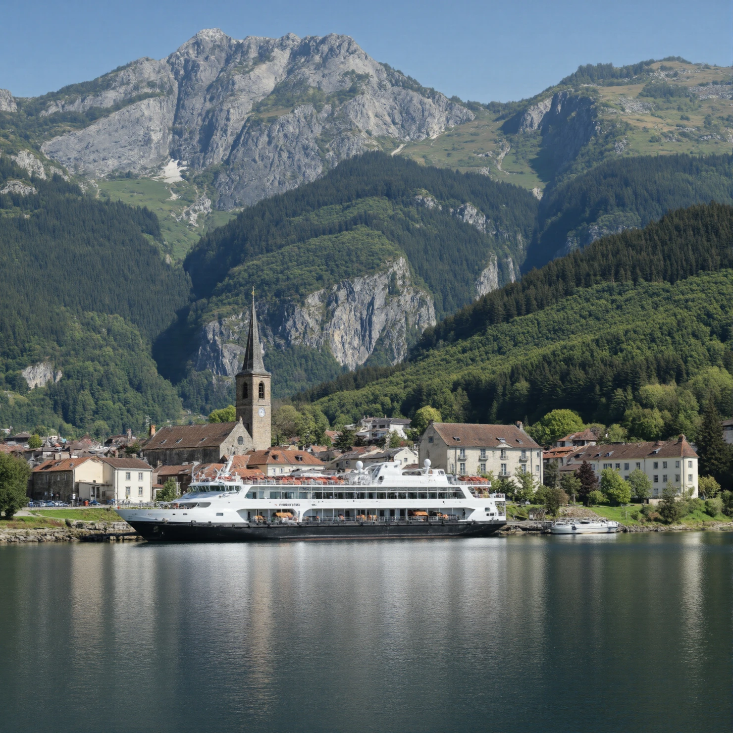 Picturesque Alpine Village and Lake with a Cruise Ship #40909