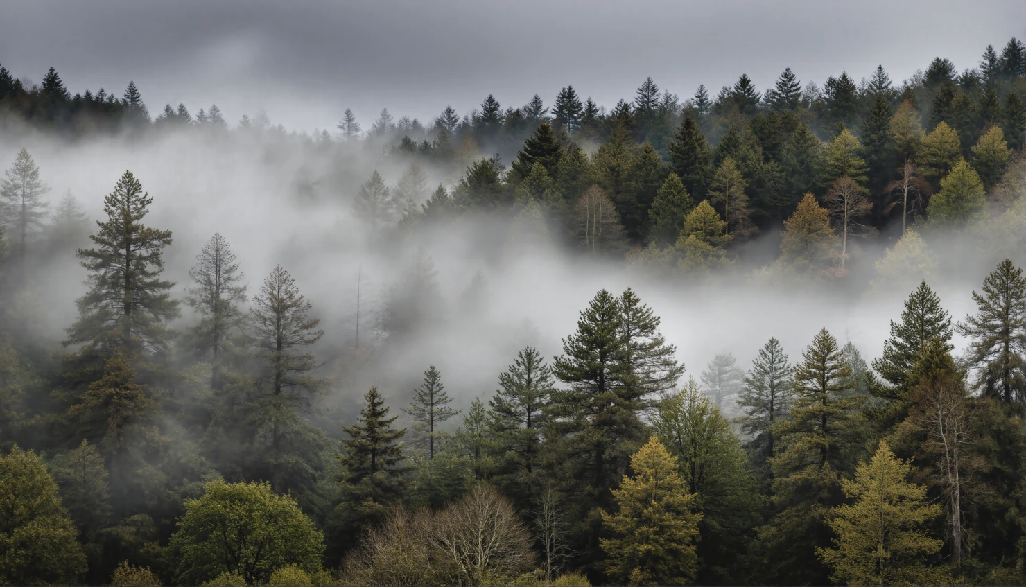 Misty Evergreen Forest Landscape with Rolling Fog #40913