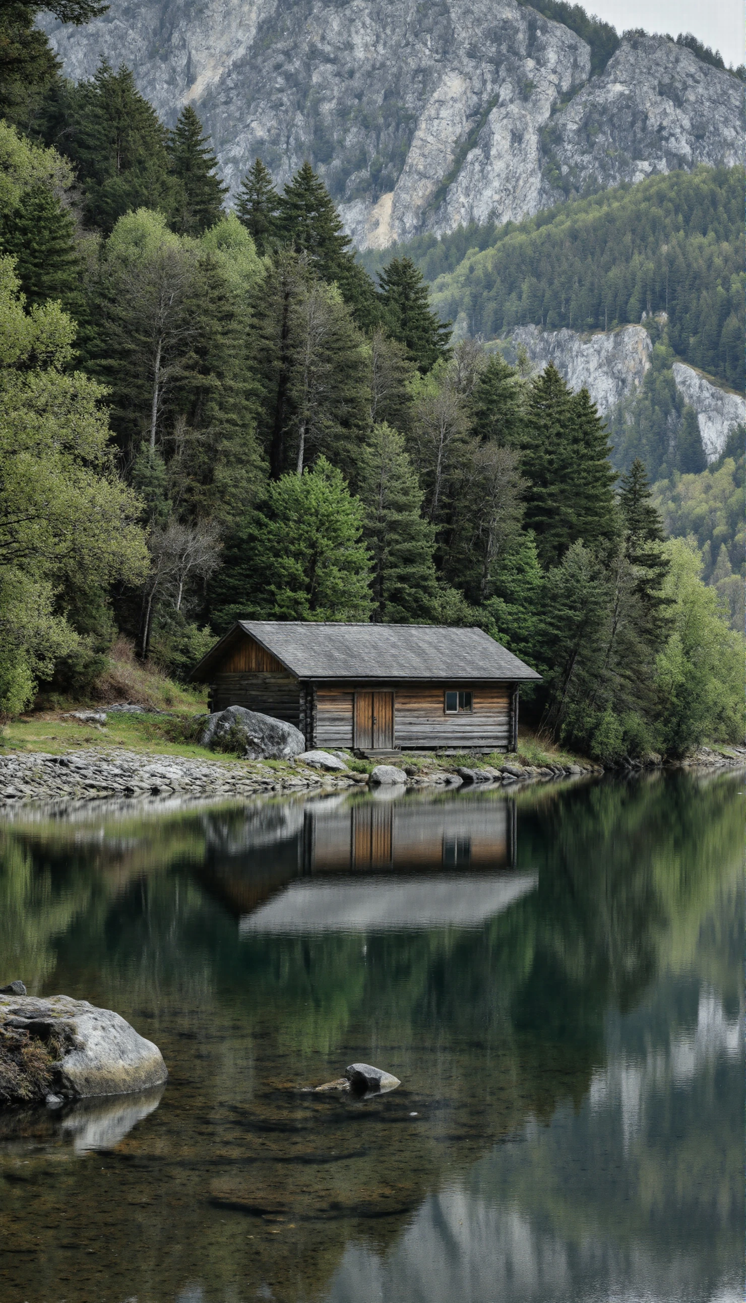 Rustic Cabin Reflected in a Serene Mountain Lake #40915