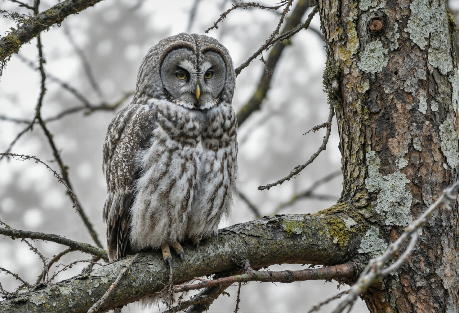 Barred Owl Perched on a Branch in a Misty Autumn Forest #40935