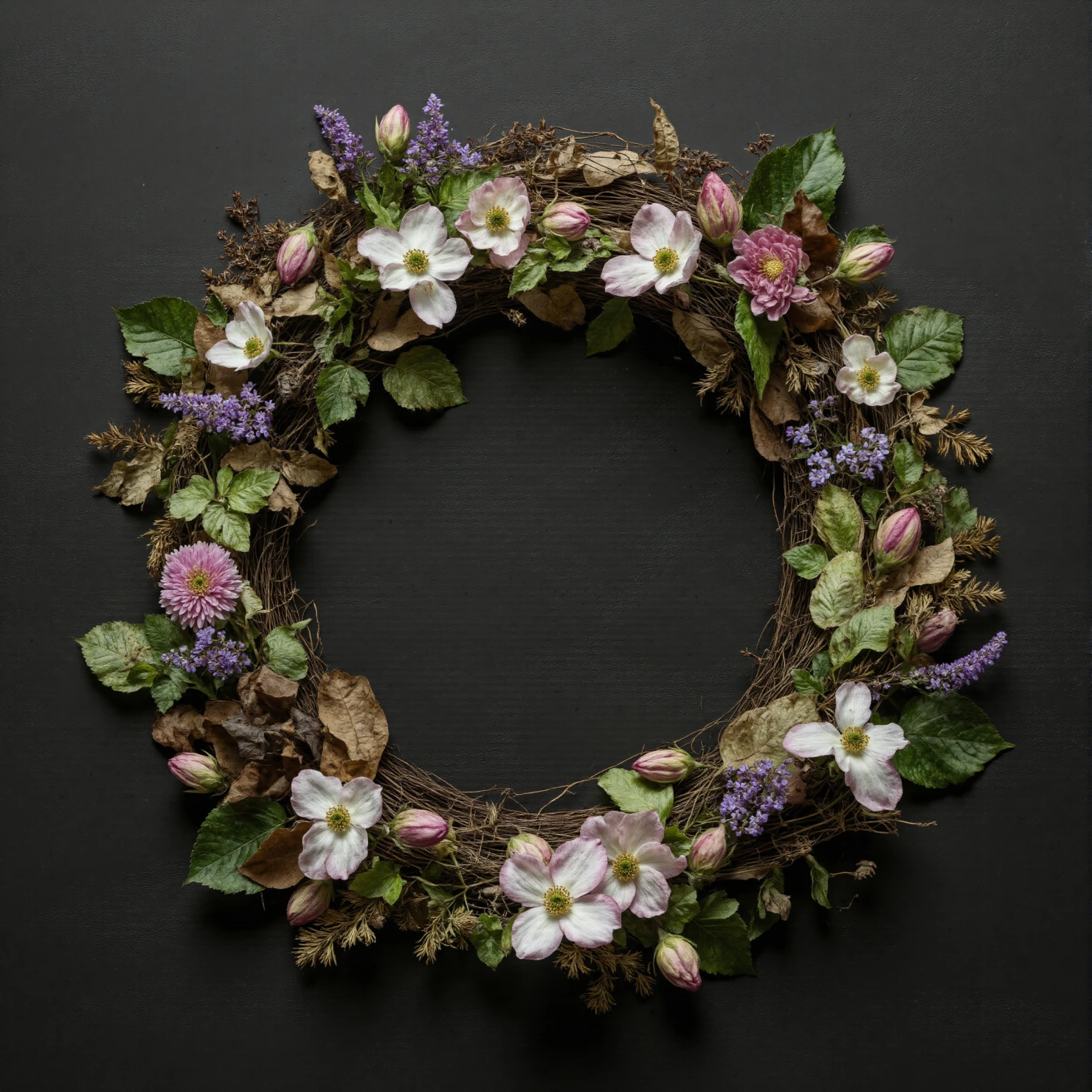 Elegant Floral Wreath with Spring Blooms on Dark Background #40970