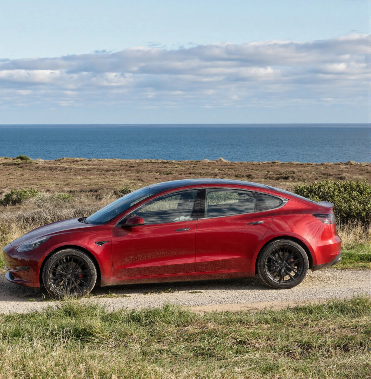 Red Tesla Model 3 on a Coastal Road with Ocean View #41019