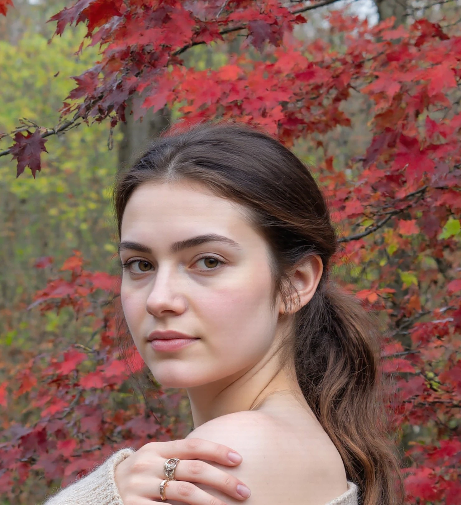 Autumn Portrait Young Woman Amidst Vibrant Red Maple Leaves #41020