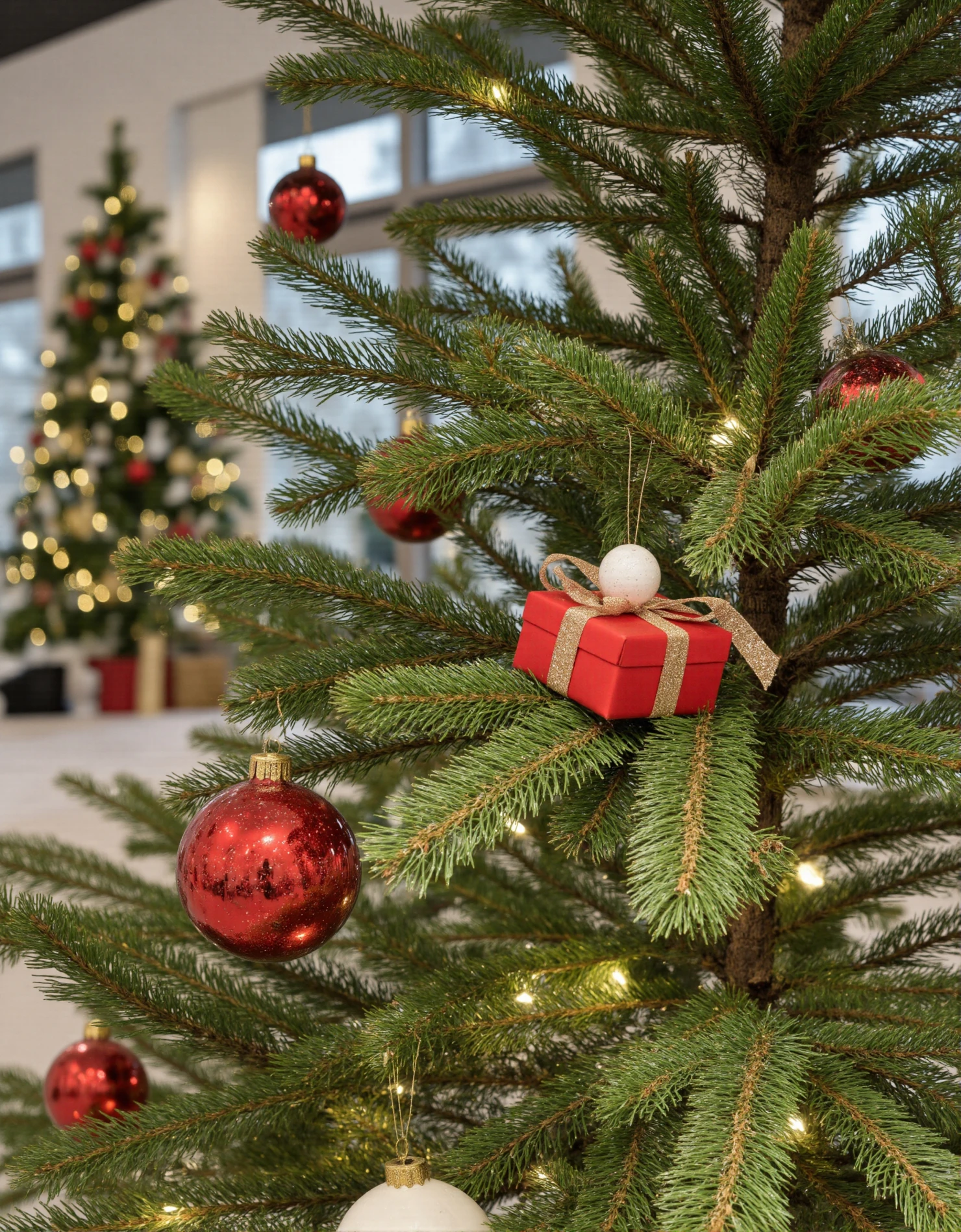 Close-up of a Festive Christmas Tree with Red Ornaments and Lights #41023