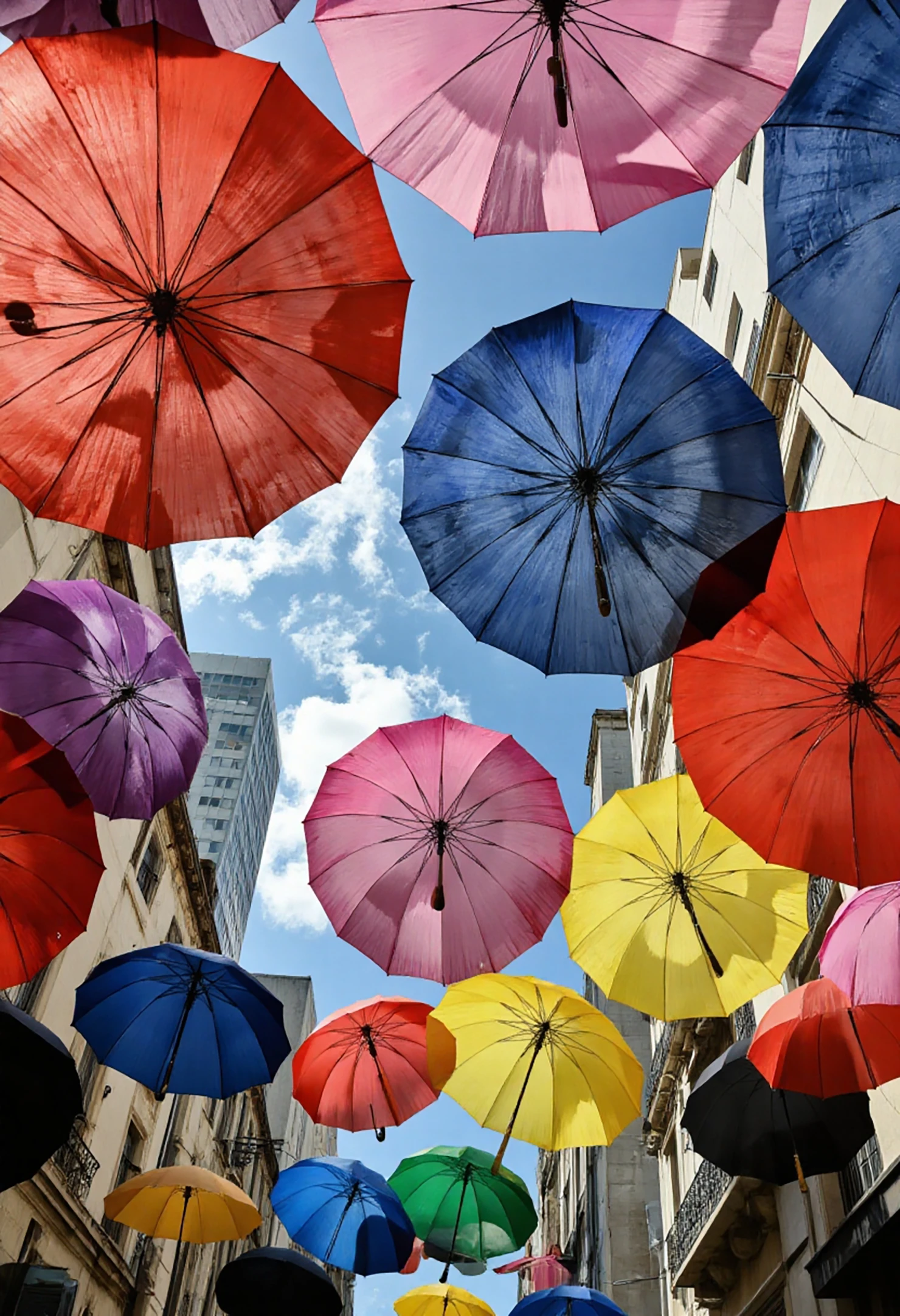 Colorful Umbrellas Suspended Over a City Street #41024
