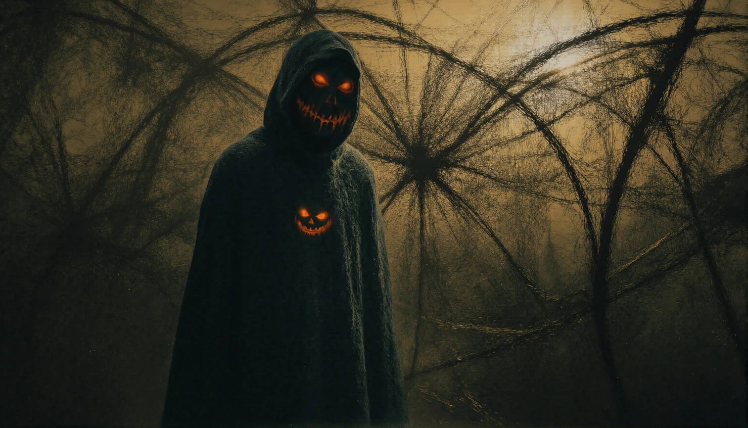 Eerie Hooded Figure with Glowing Jack-o'-Lantern Face #41033