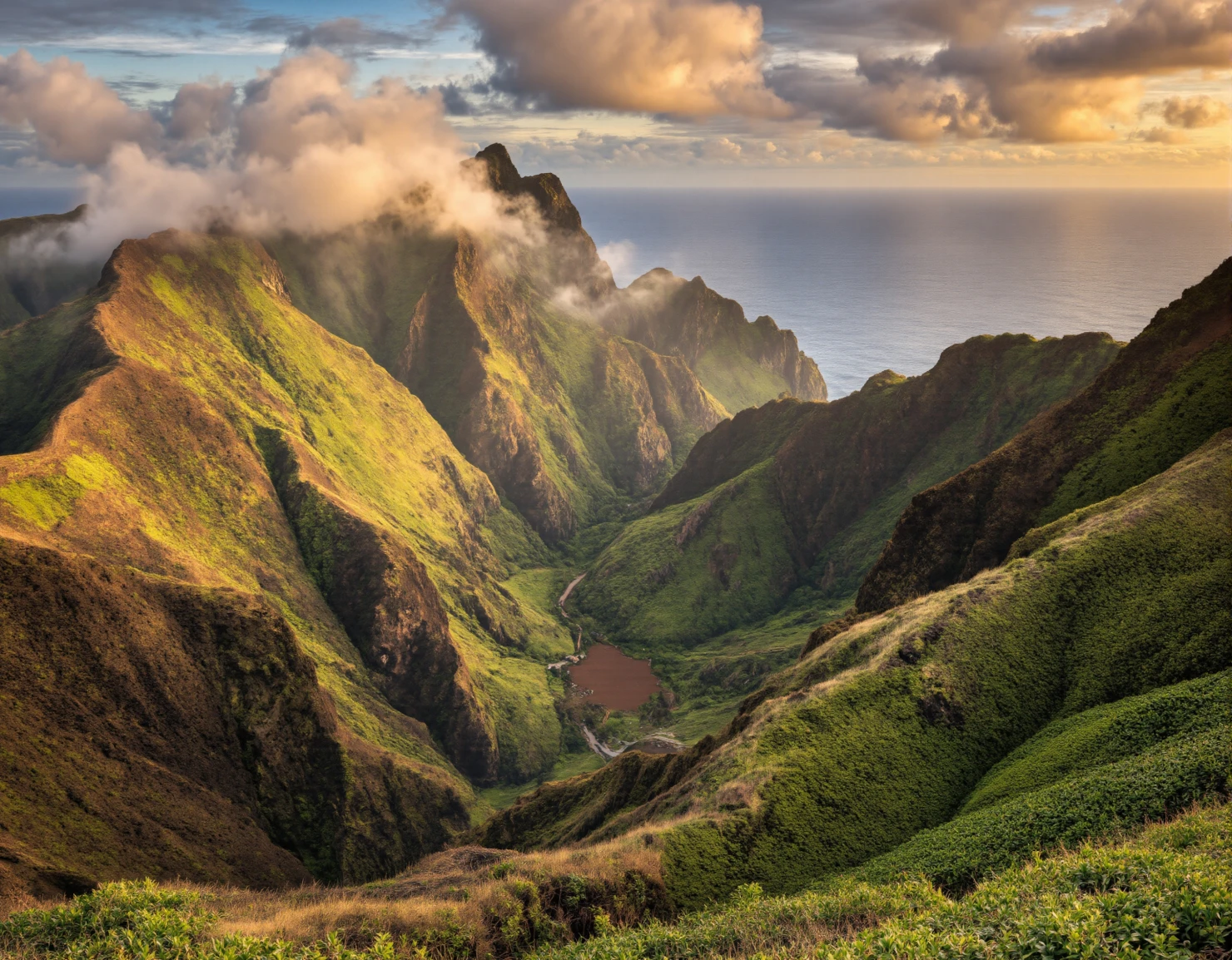 Panoramic View of Lush Green Valleys and Coastal Ocean #41035