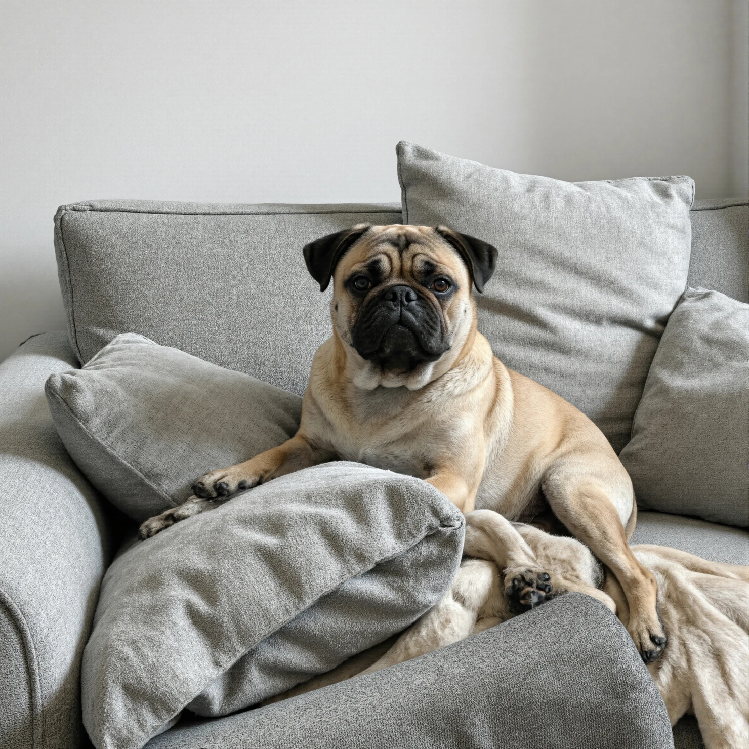 Relaxed Pug Dog Lounging on a Grey Sofa #41045