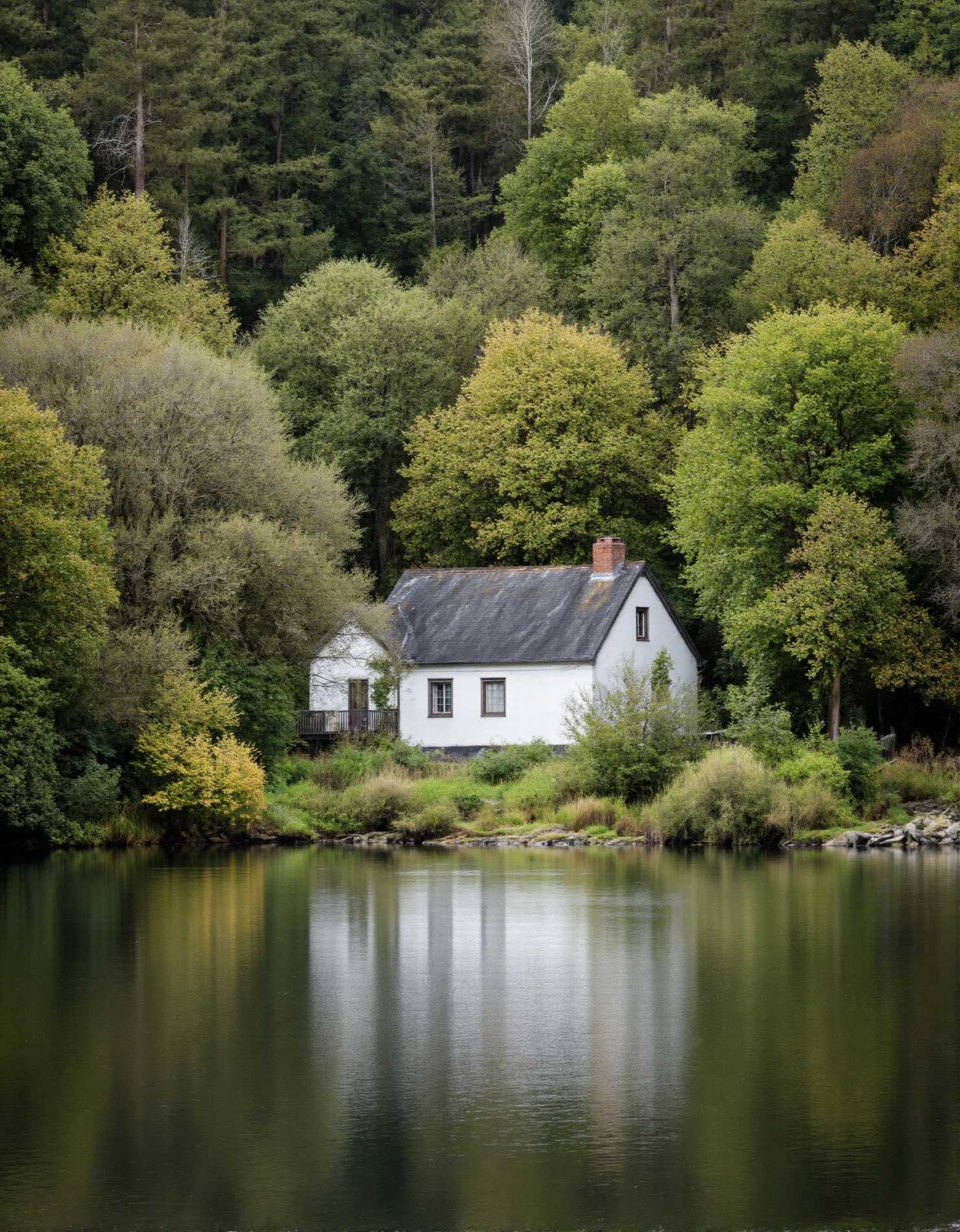 Secluded White Cottage Reflected in a Tranquil Forest Lake #41046