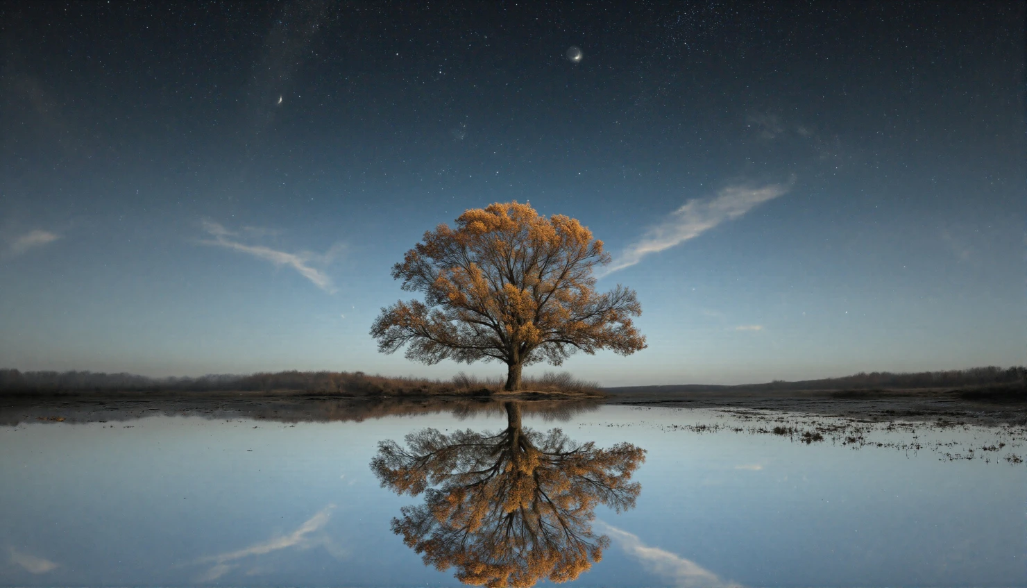 Serene Autumn Tree Reflection Under Starry Sky #41048