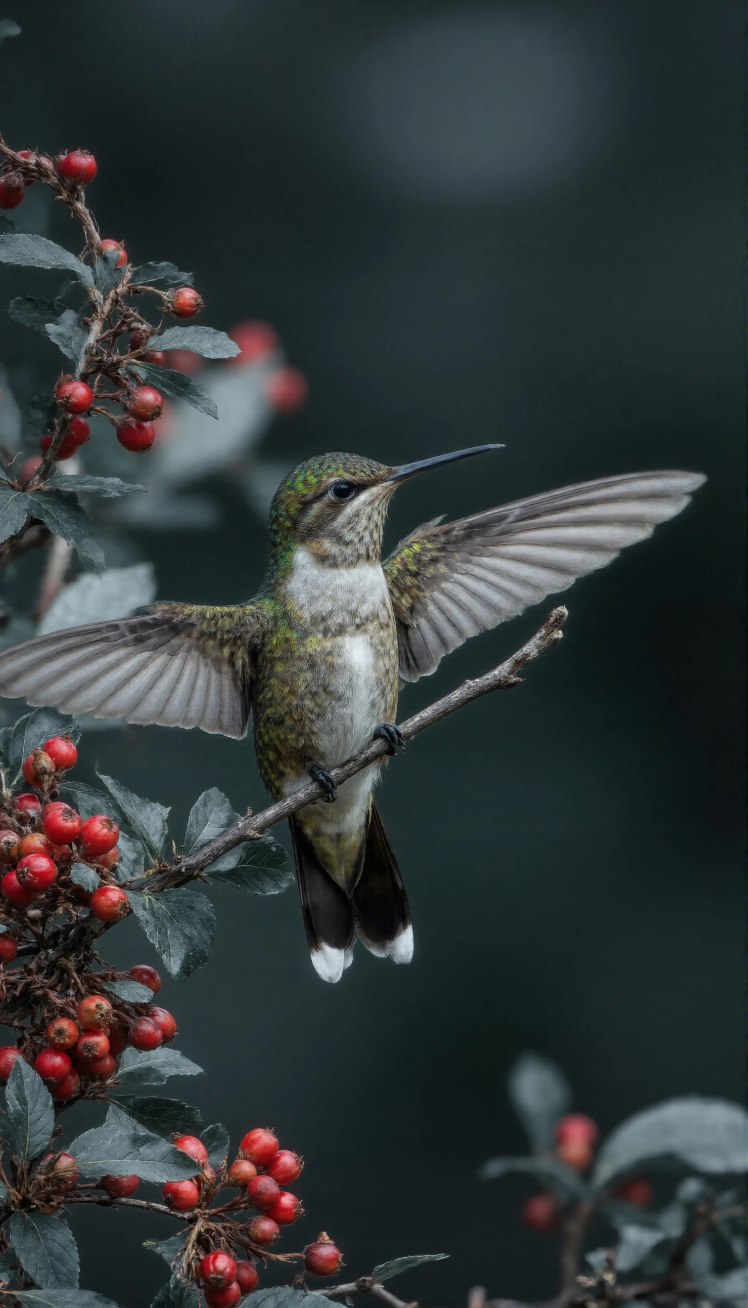 Vibrant Hummingbird Perched Amidst Red Berries #41055