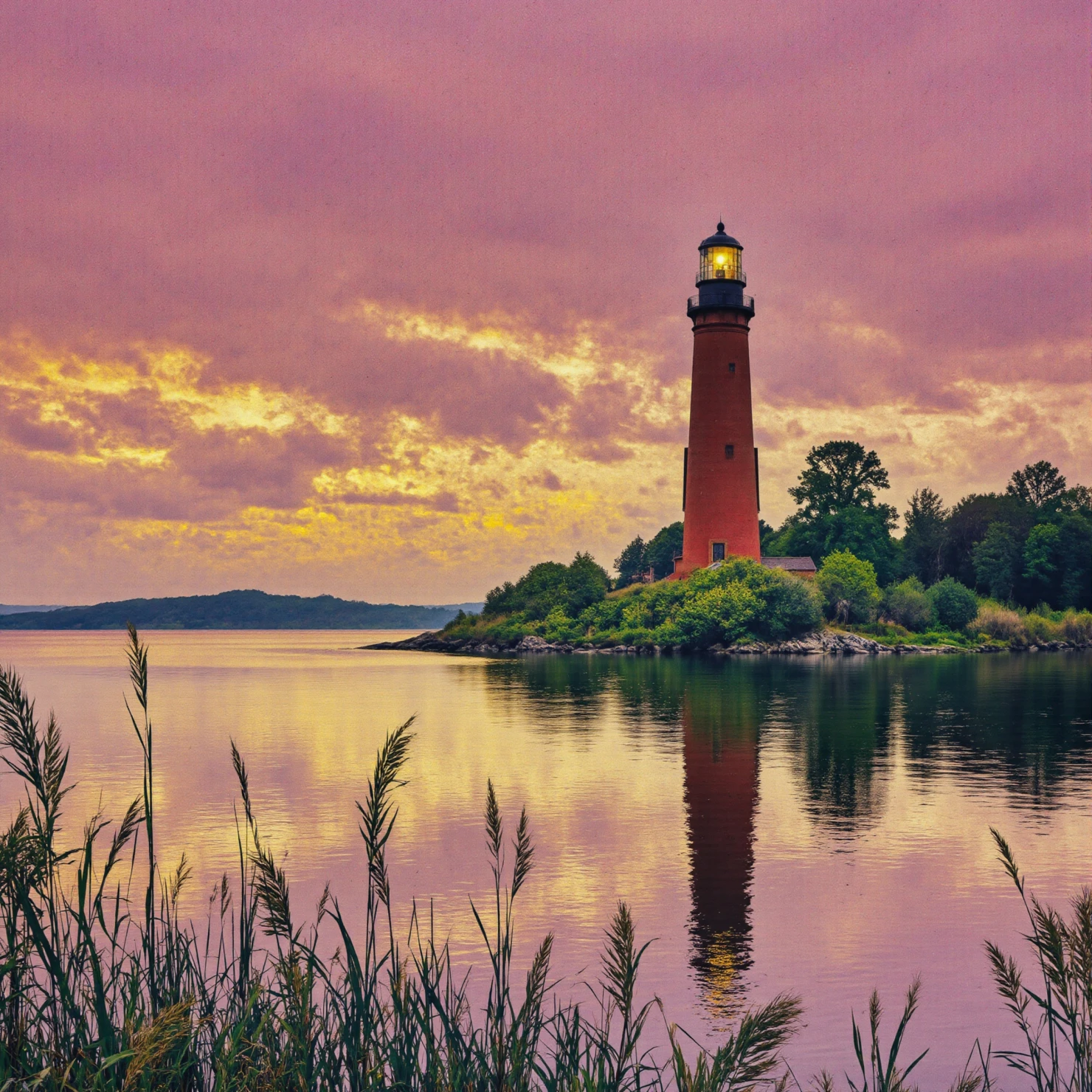 Vibrant Sunset Over a Coastal Lighthouse with Water Reflection #41059
