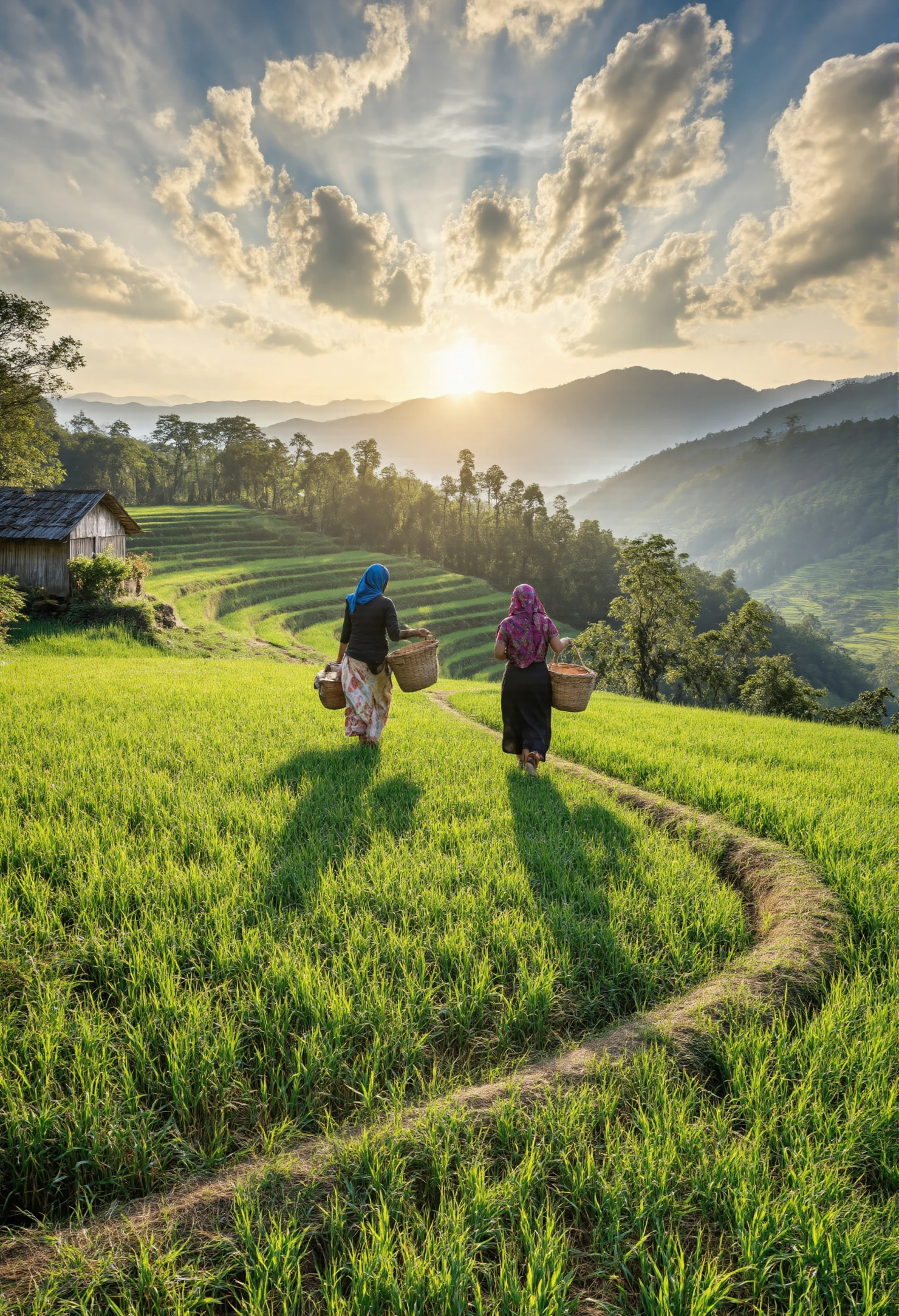 Women Carrying Baskets Through Golden Hour Rice Terraces #41061