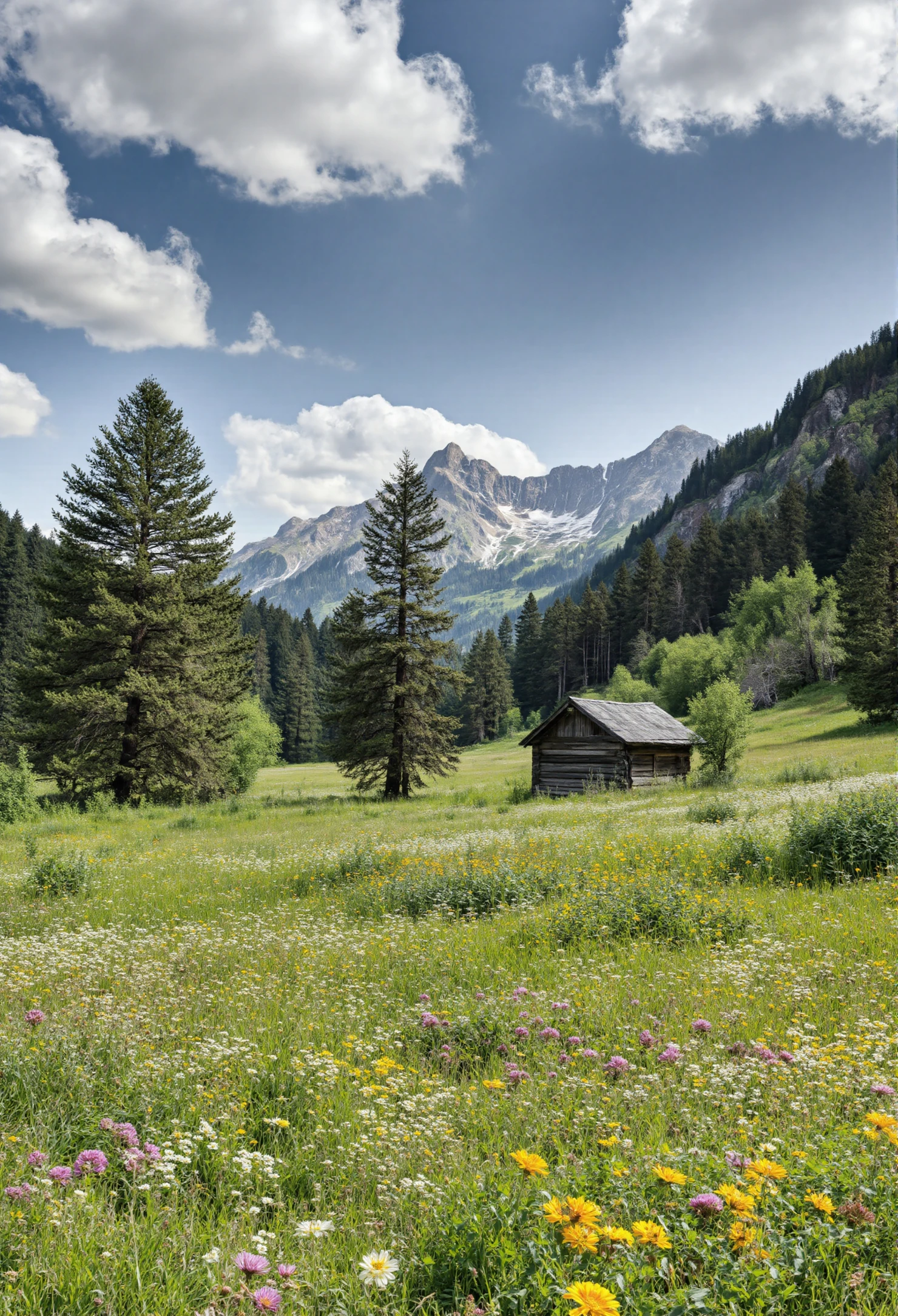 Serene Alpine Landscape with Rustic Cabin and Wildflowers #41063