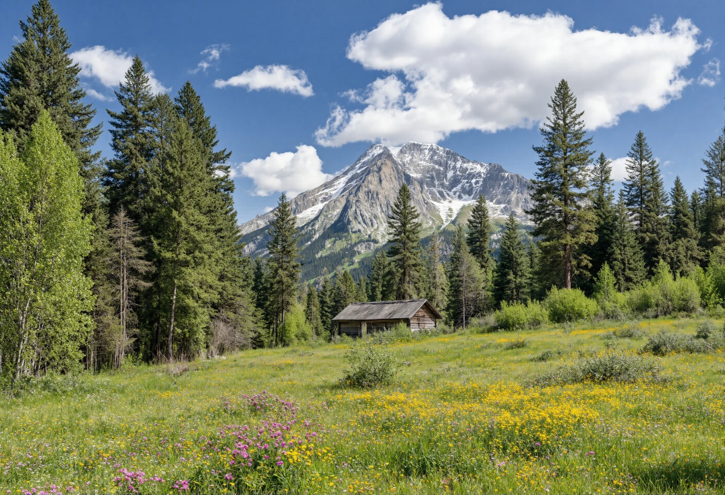 Majestic Mountain Landscape with a Rustic Cabin in a Green Meadow #41064