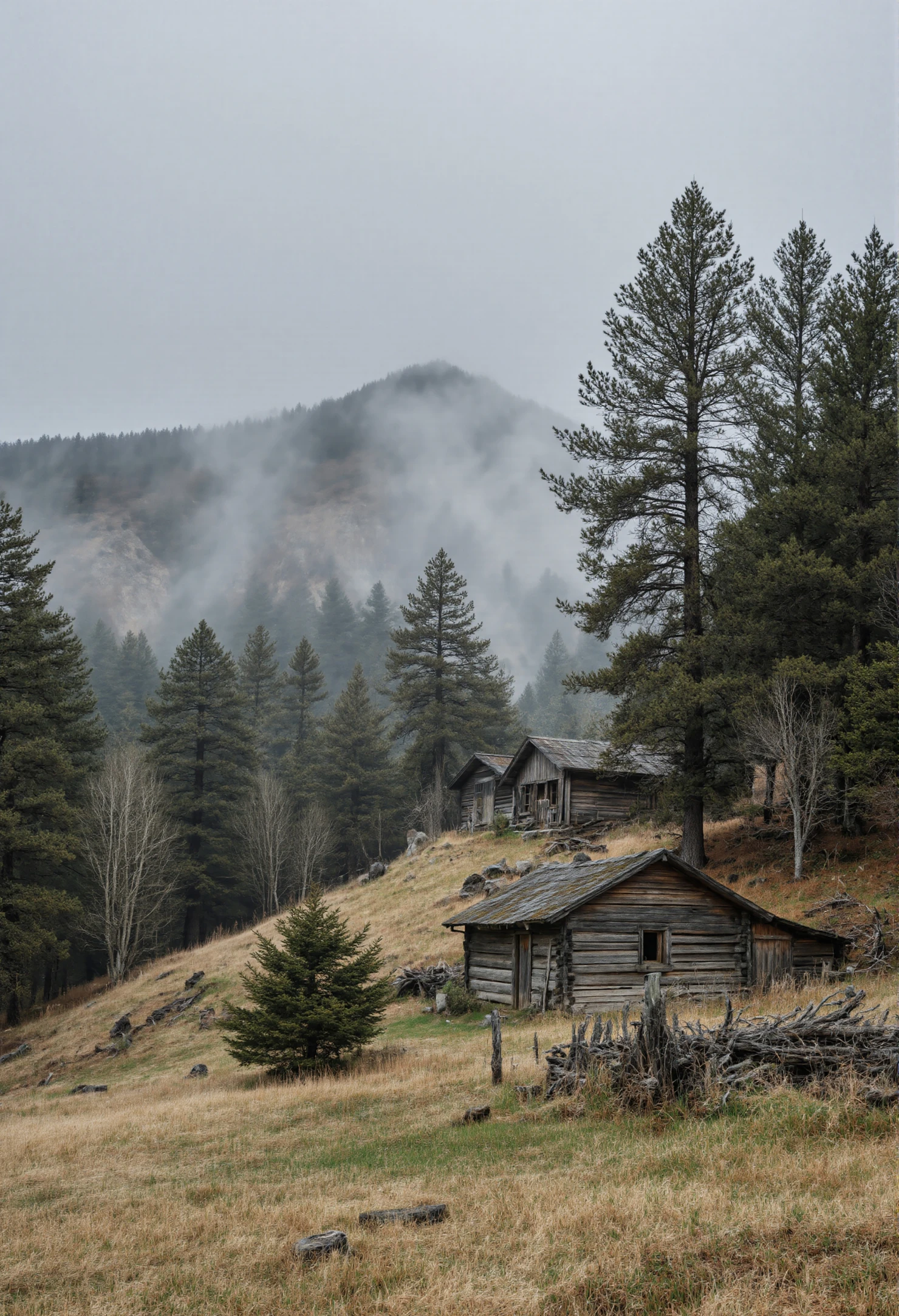 Rustic Cabins Nestled on a Misty Mountain Slope #41066
