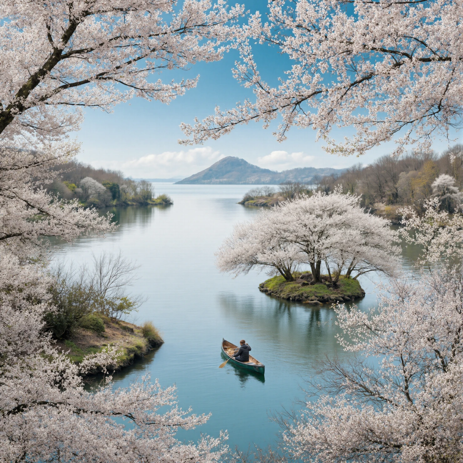 Tranquil Lake Scene Framed by Cherry Blossoms with a Lone Canoeist #41071