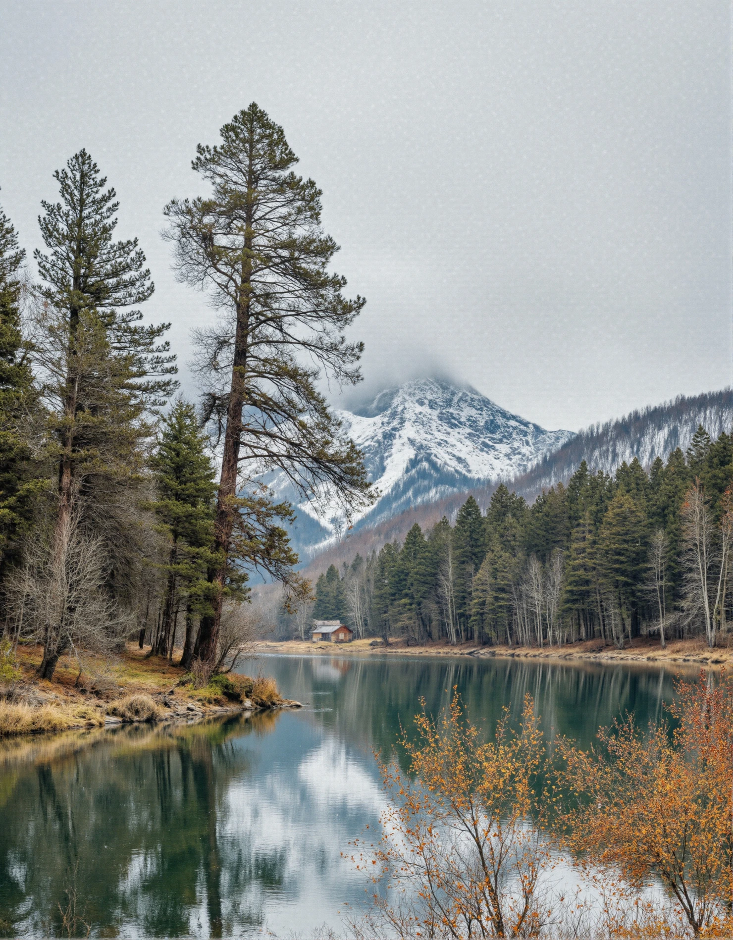 Serene Mountain Lake with Pine Trees, Cabin, and Snow-Capped Peak #41072
