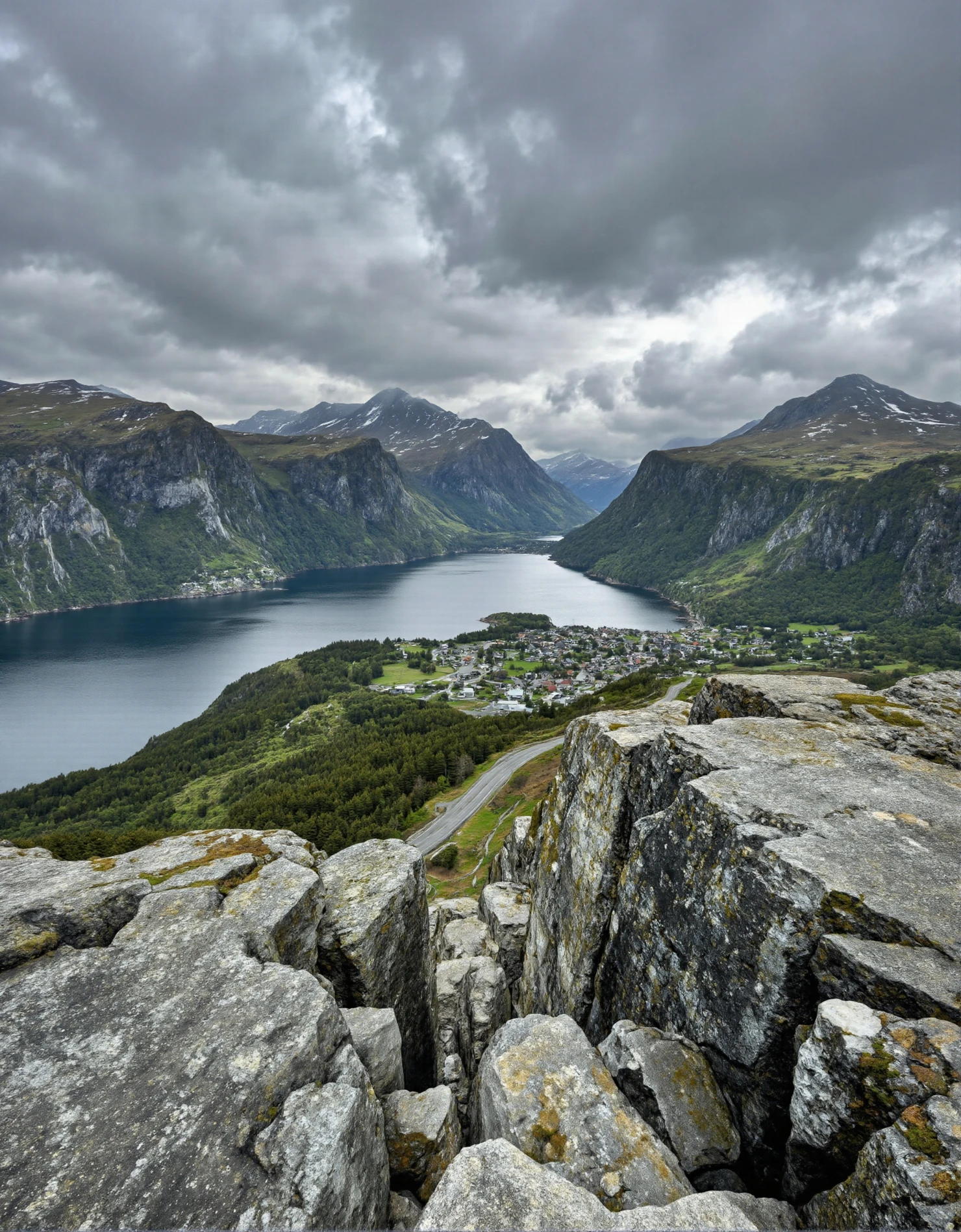 Panoramic View of a Norwegian Fjord and Mountain Town from a Rocky Summit #41079