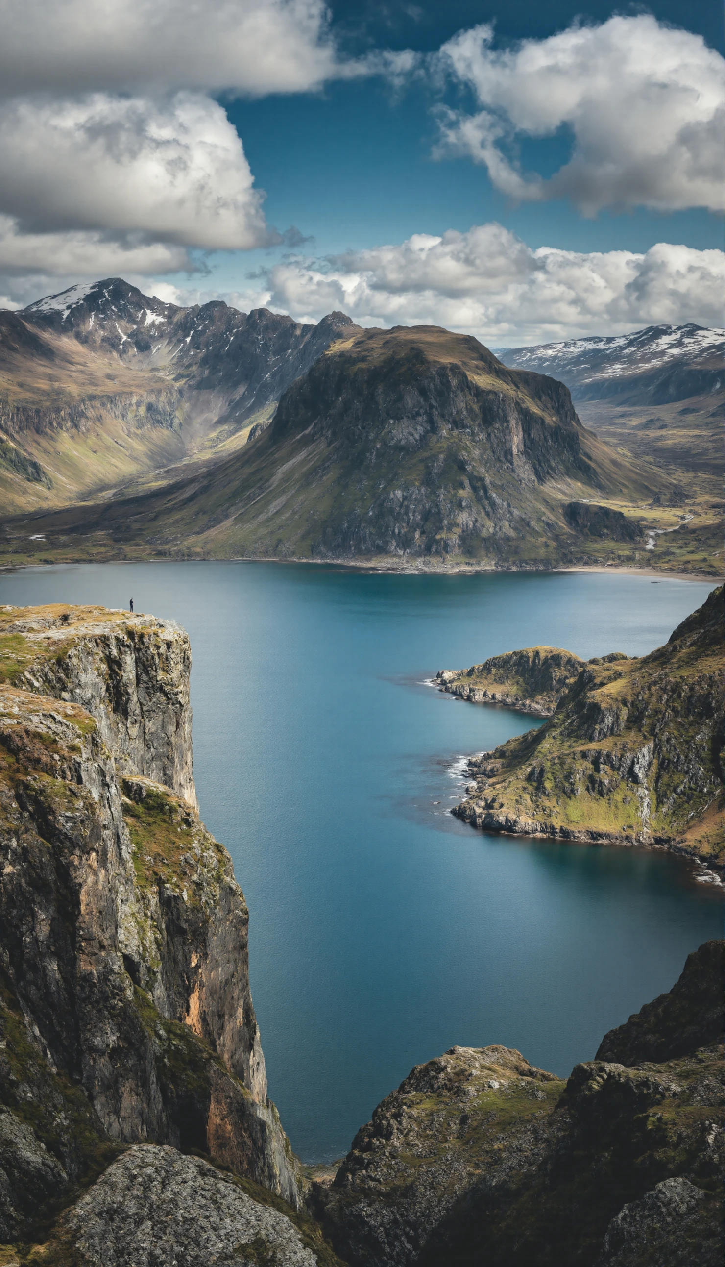 Stunning Mountain Lake Vista with Adventurer on Cliff #41082