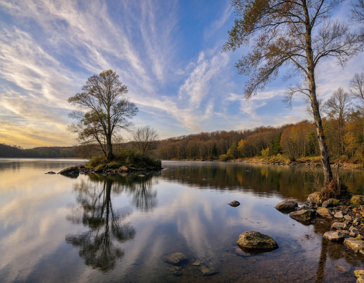 Serene Autumn Lake Reflection with Dramatic Sky #41083