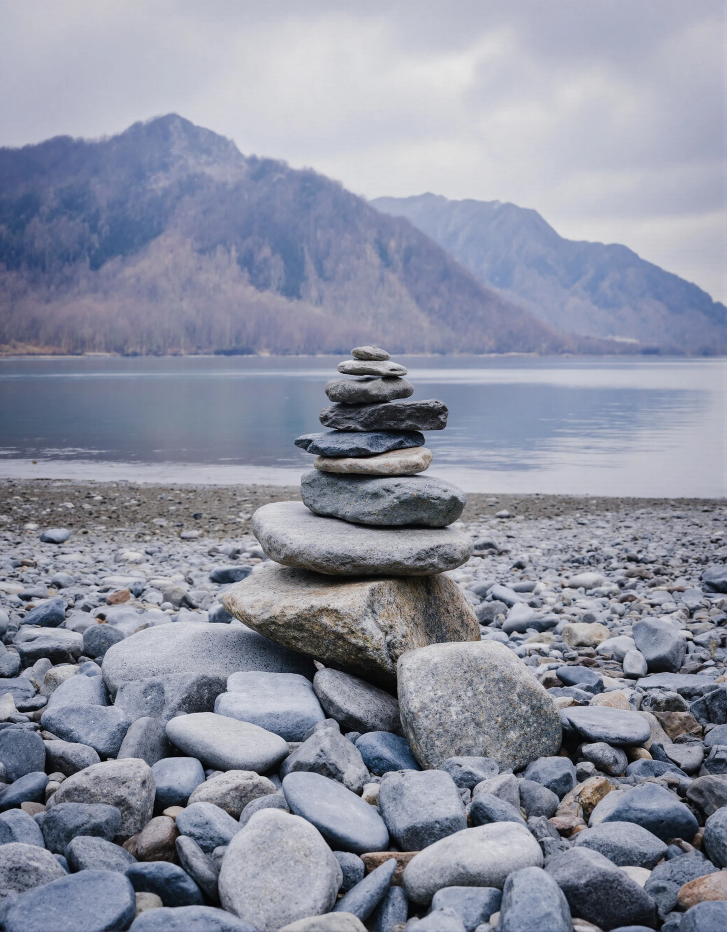 Stone Cairn on a Rocky Lake Shore with Mountains #41089