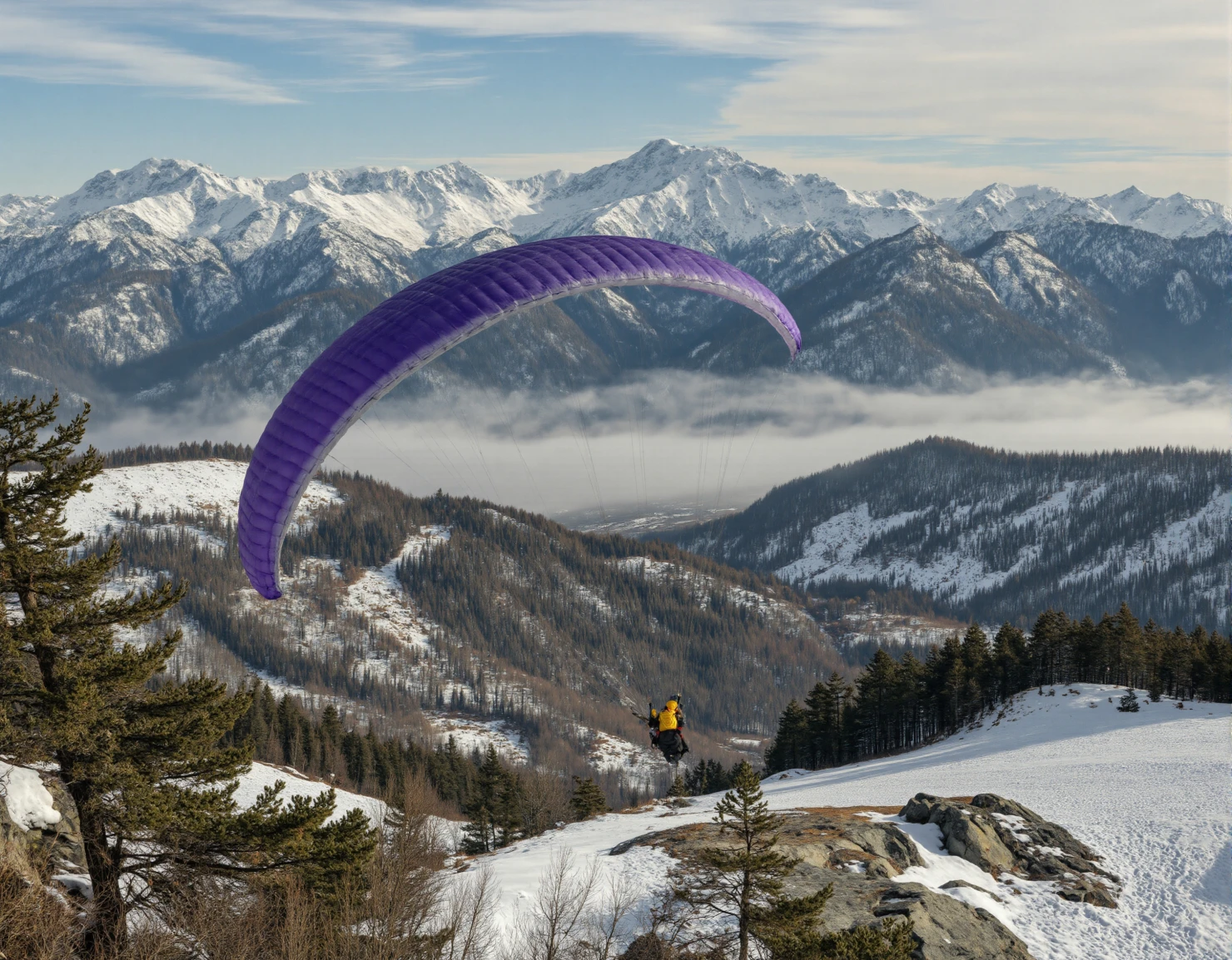 Purple Paraglider Gliding Above a Snow-Covered Mountain Valley #41092
