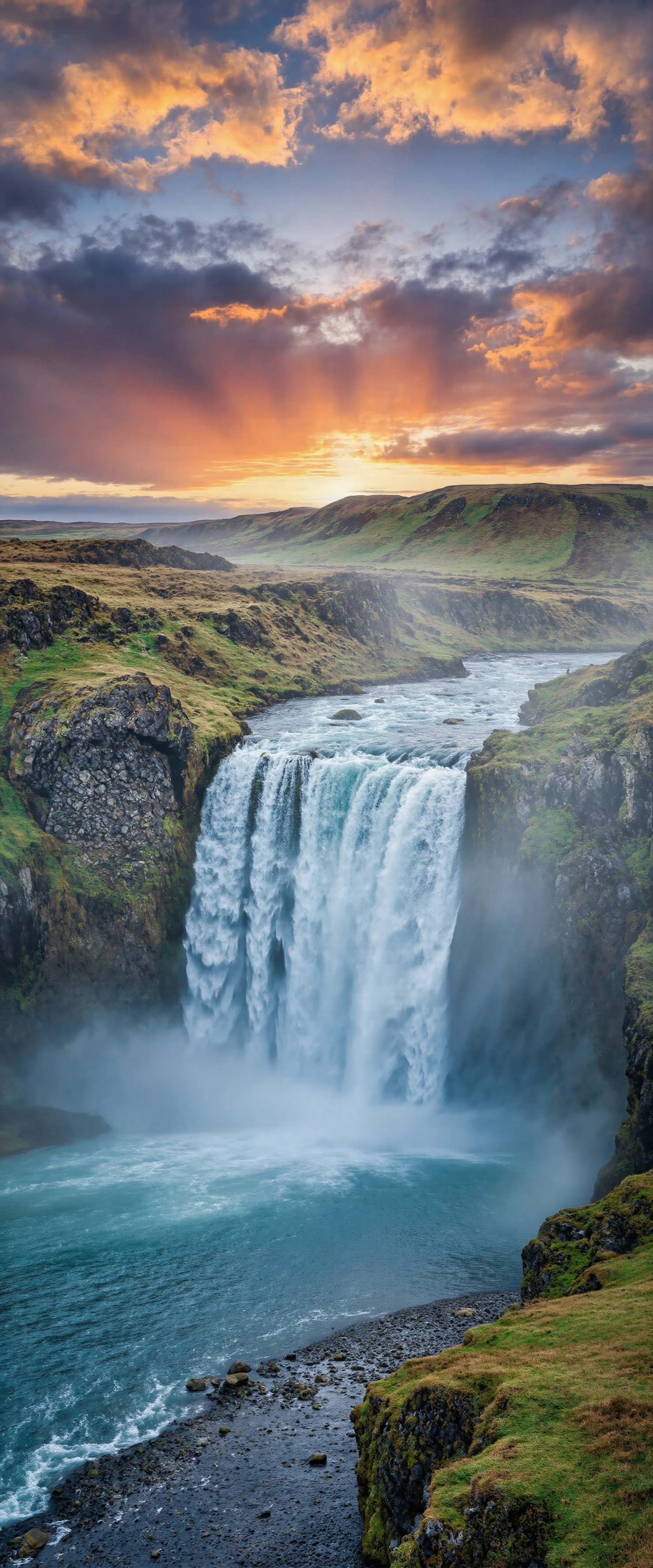 Majestic Waterfall at Sunset with Golden Sky and Lush Landscape #41093