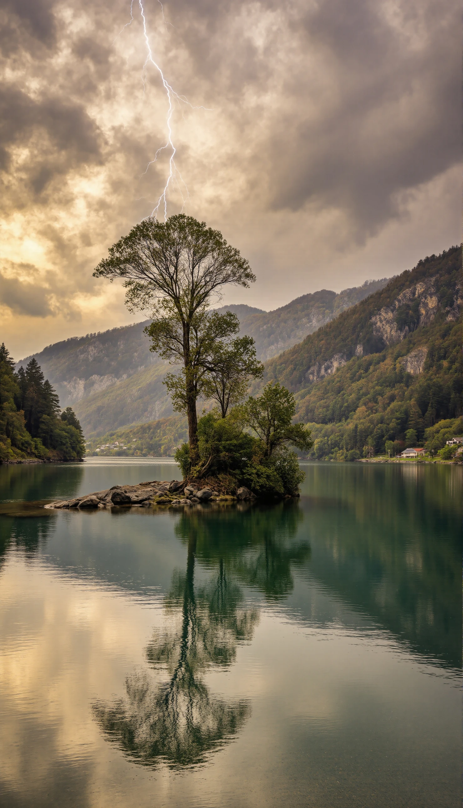 Lightning Strikes a Lone Tree on a Mountain Lake Island #41095