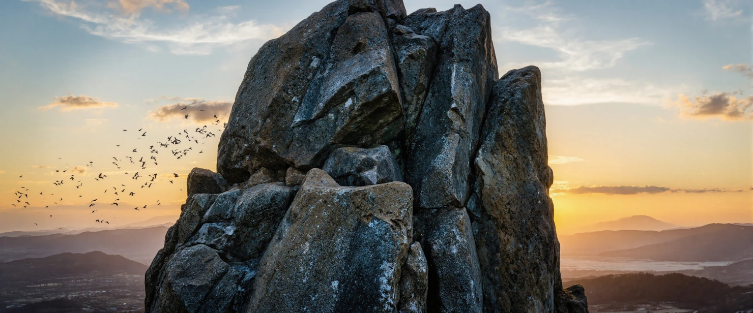 Majestic Rock Formation at Golden Hour with Birds Soaring #41099