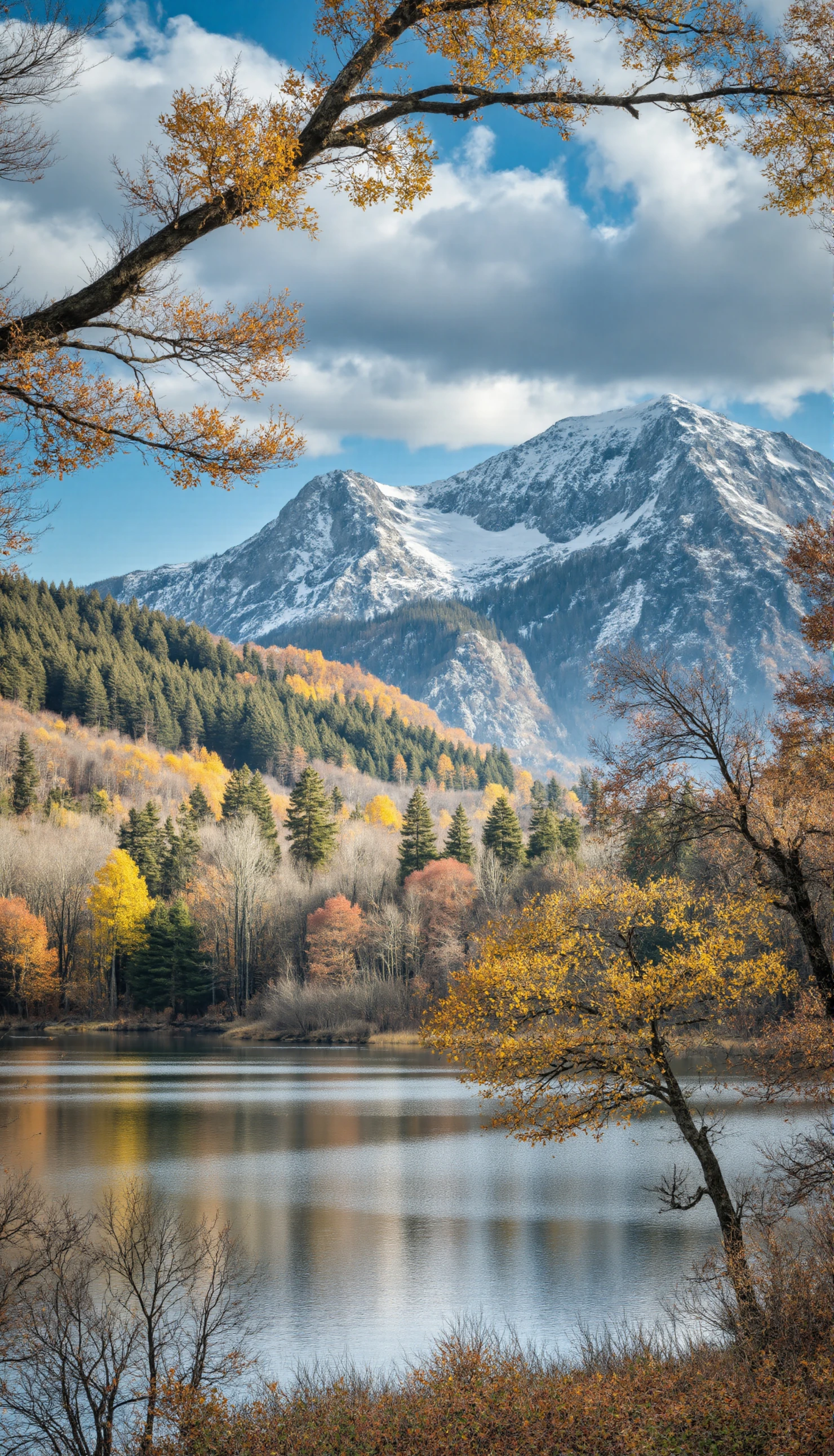 Serene Autumn Landscape with Snow-Capped Peaks and Lake Reflection #41100