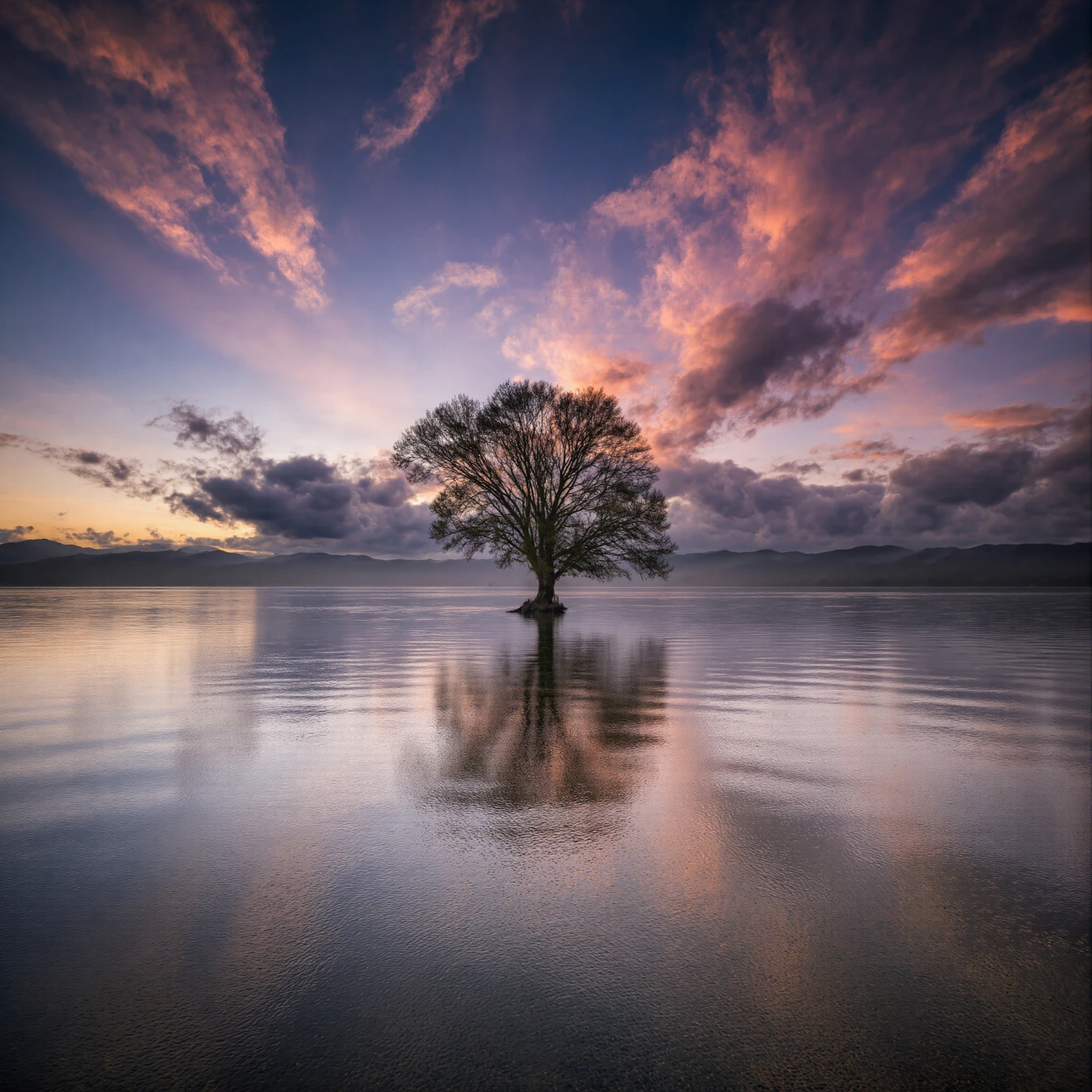 Majestic Tree Reflected in Calm Waters at Dusk #41114