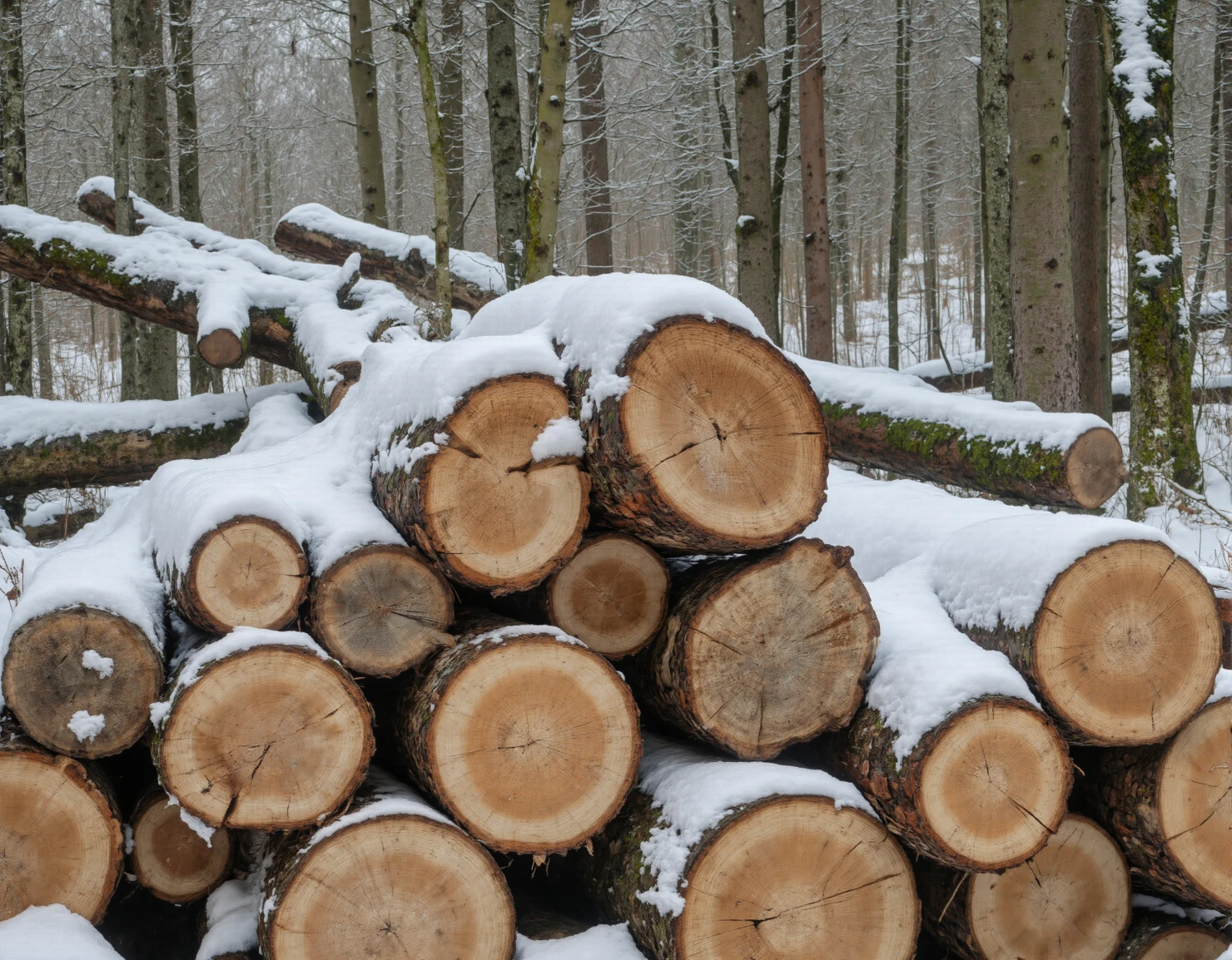 Snow-covered logs piled in a winter forest #41118