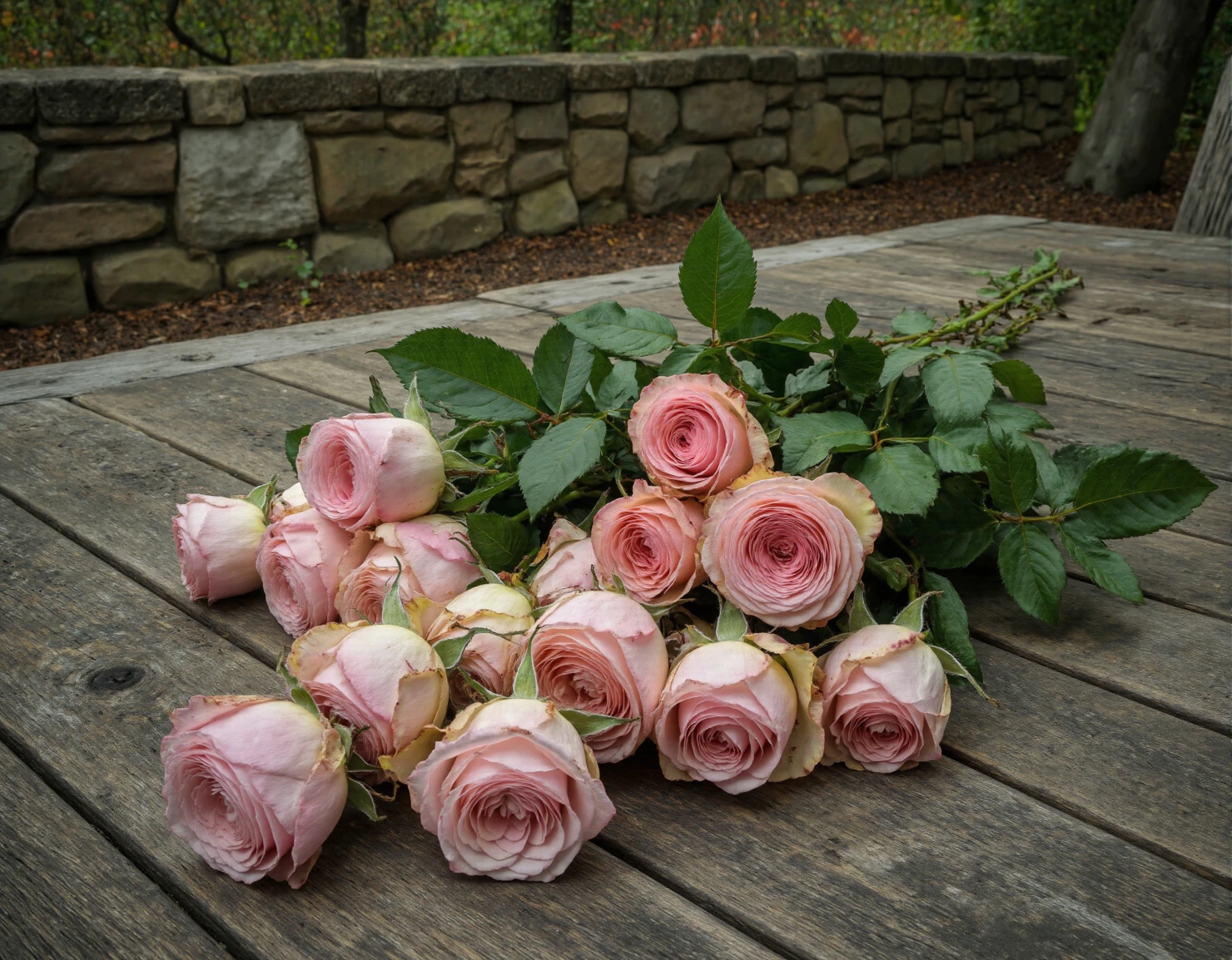 Delicate Pink Roses Resting on Weathered Wood #41121