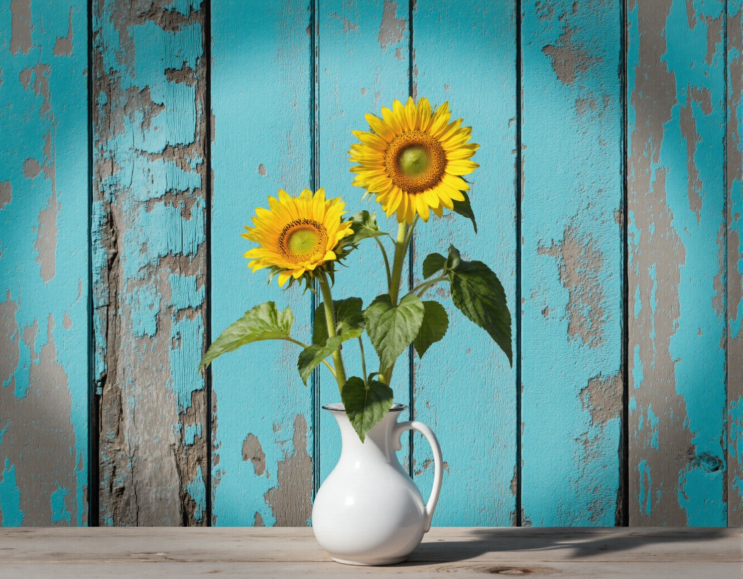 Bright Sunflowers in a White Vase Against Rustic Blue Wood #41122
