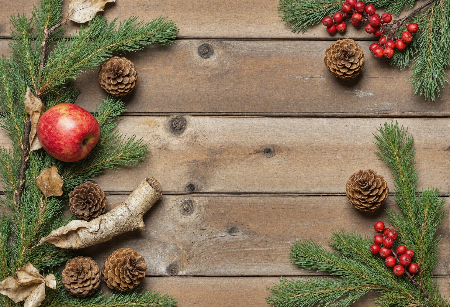 Rustic Winter Holiday Decorations on Wooden Background #41127