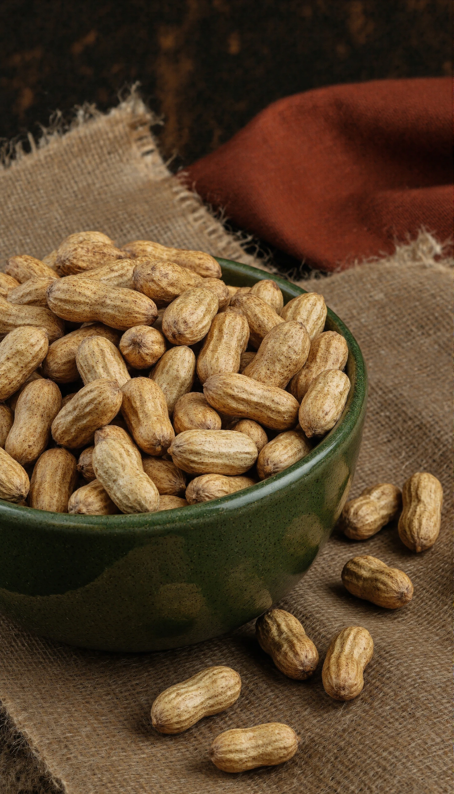 Bowl of Unshelled Peanuts on Rustic Burlap #41141