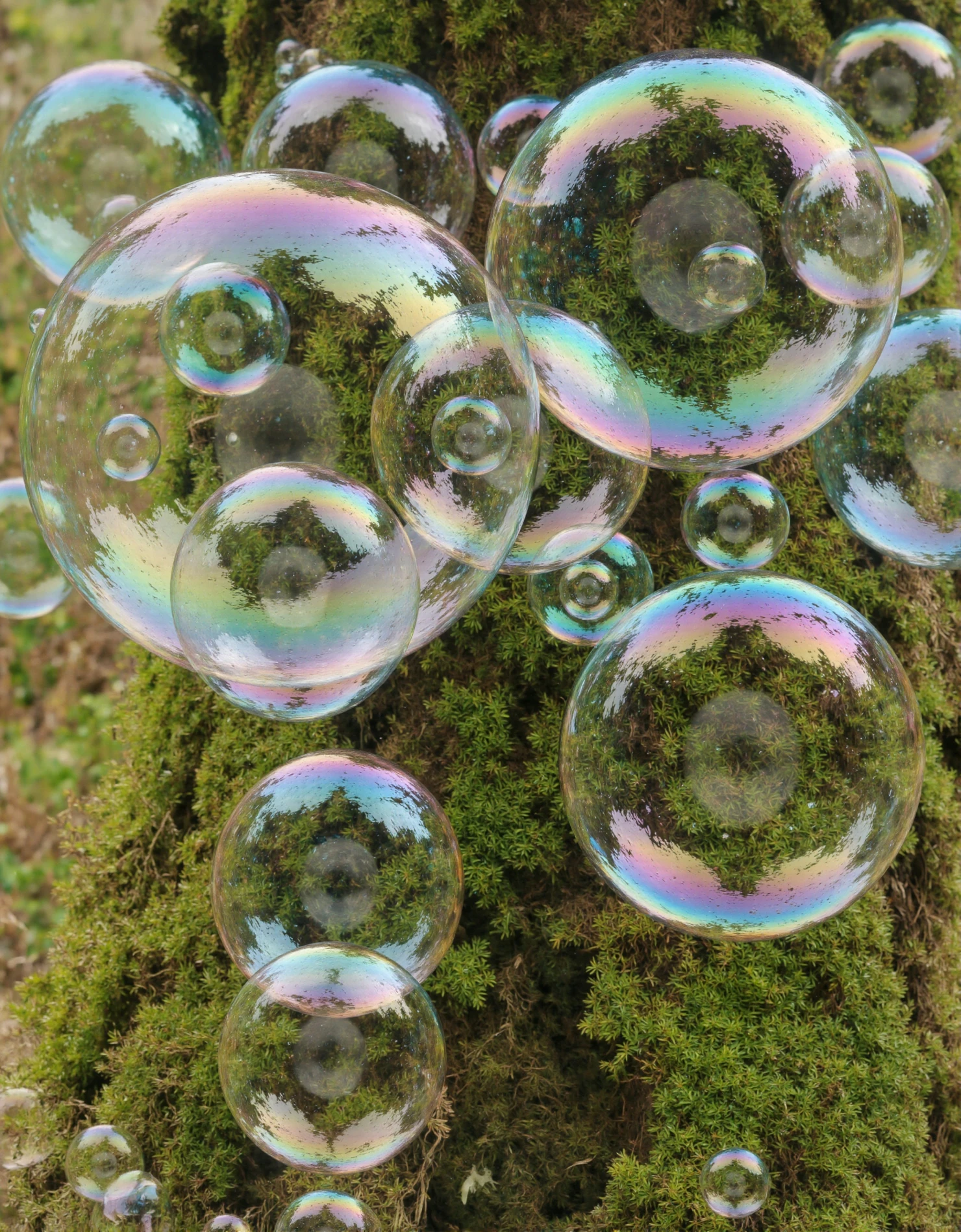 Iridescent Bubbles Floating Against a Mossy Tree Trunk #41143
