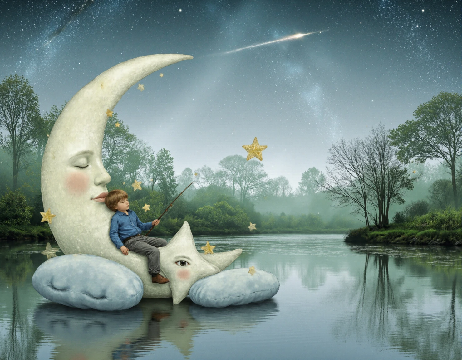 Boy Fishing for Stars on a Crescent Moon #41150